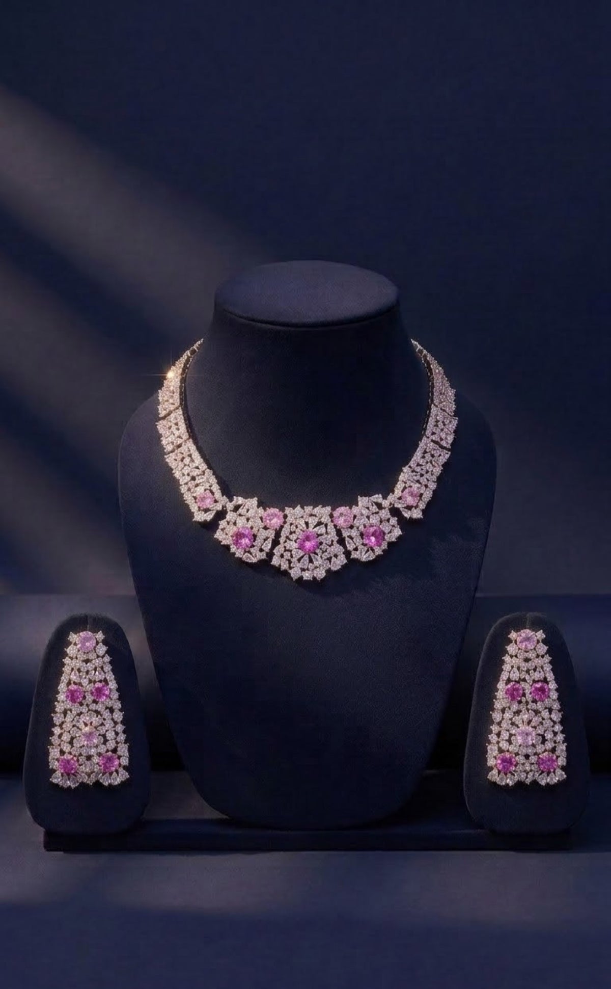 Silver-tone crystal cluster necklace set with fuchsia and pink stones