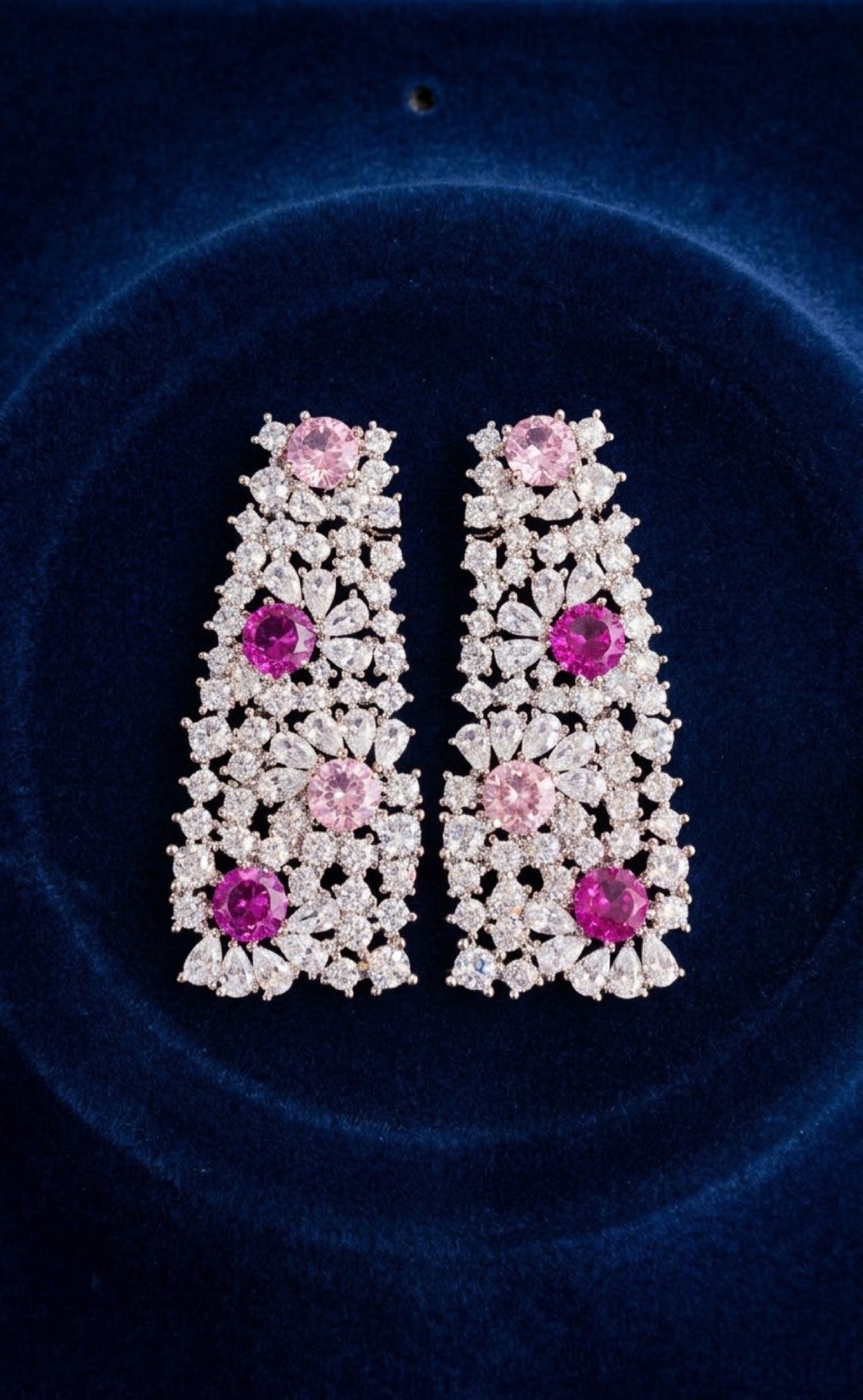 Silver-tone crystal cluster necklace set with fuchsia and pink stones - view 2