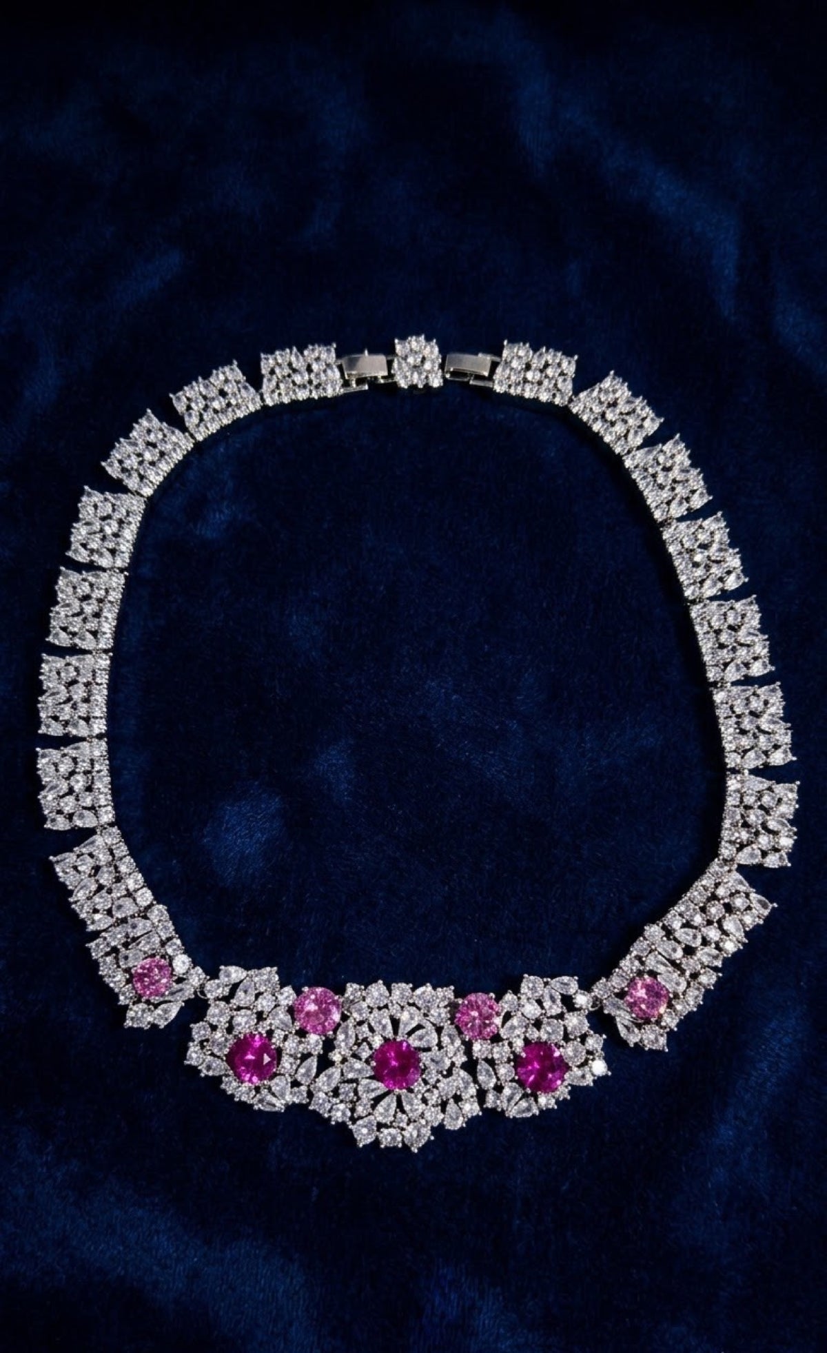 Silver-tone crystal cluster necklace set with fuchsia and pink stones - view 3