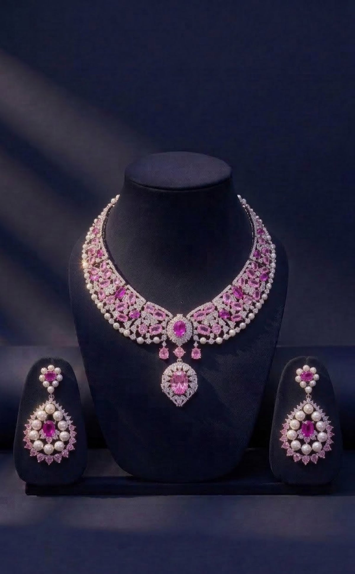 Silver-tone pink crystal and faux pearl necklace set with teardrop pendant
