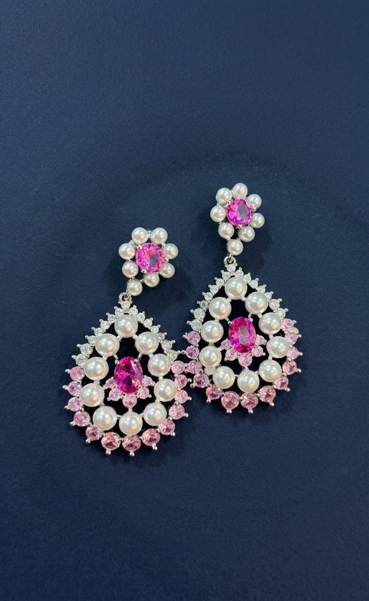 Silver-tone pink crystal and faux pearl necklace set with teardrop pendant - view 2