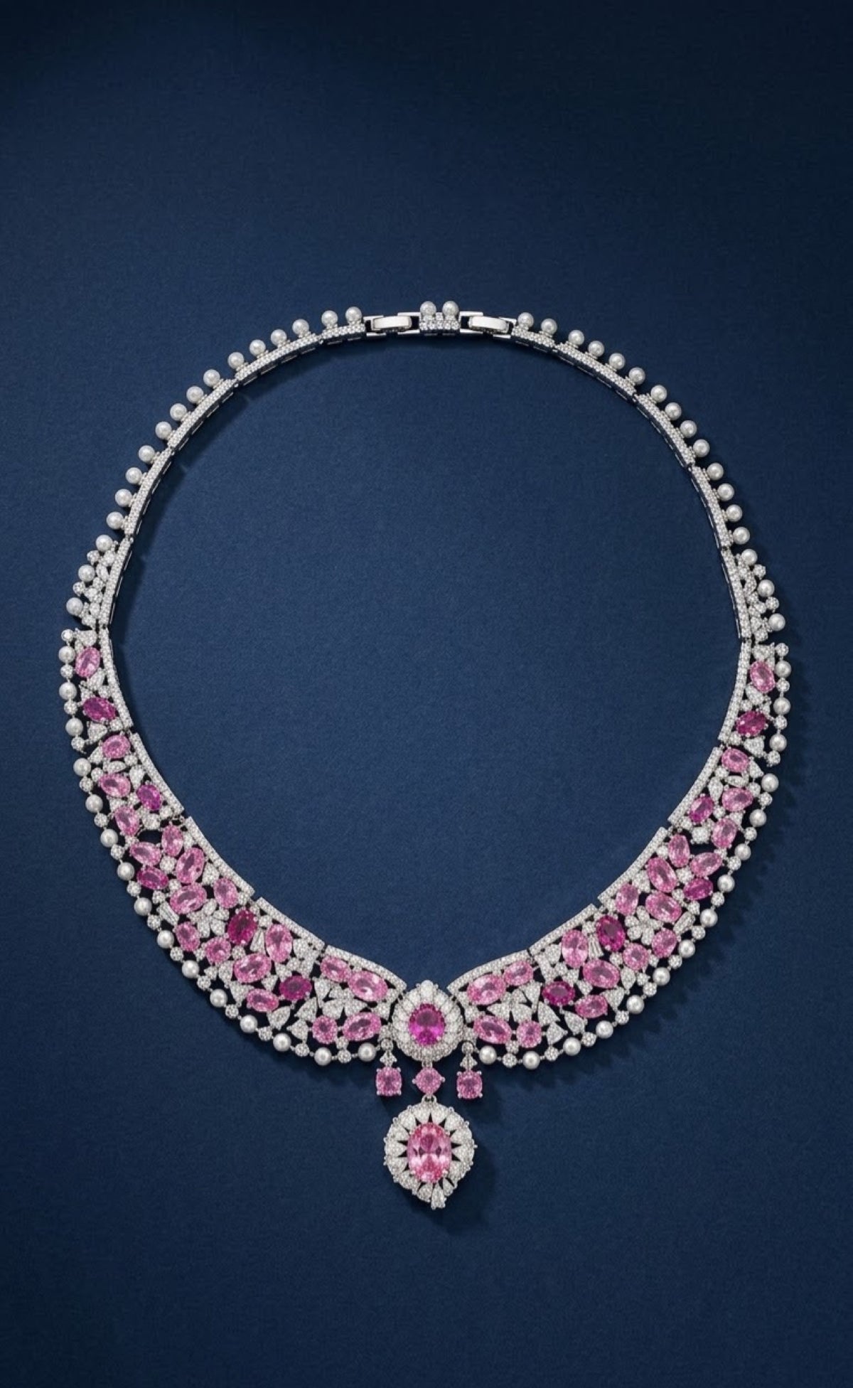 Silver-tone pink crystal and faux pearl necklace set with teardrop pendant - view 3