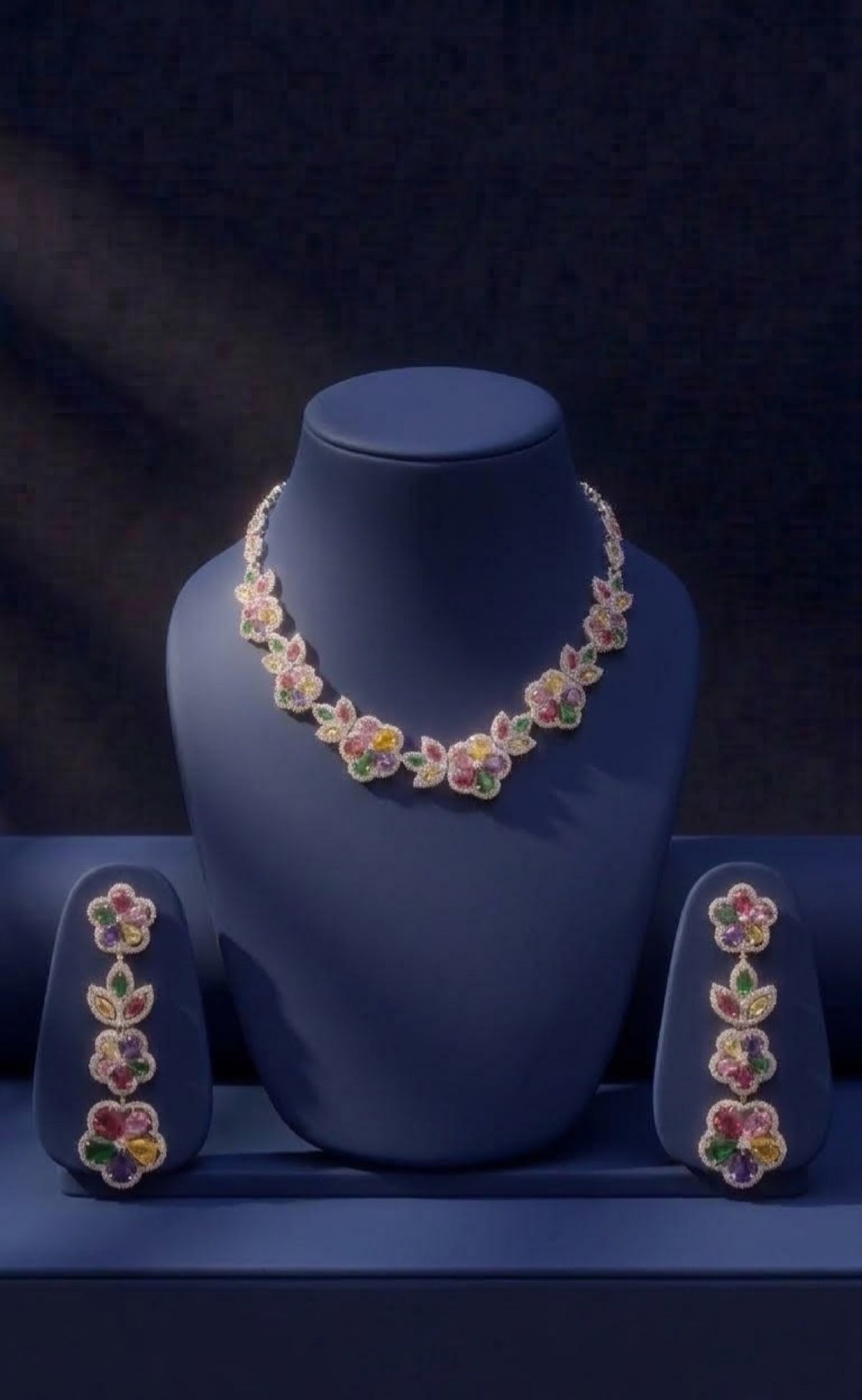 Silver-tone multicolour flower necklace set with floral drop earrings