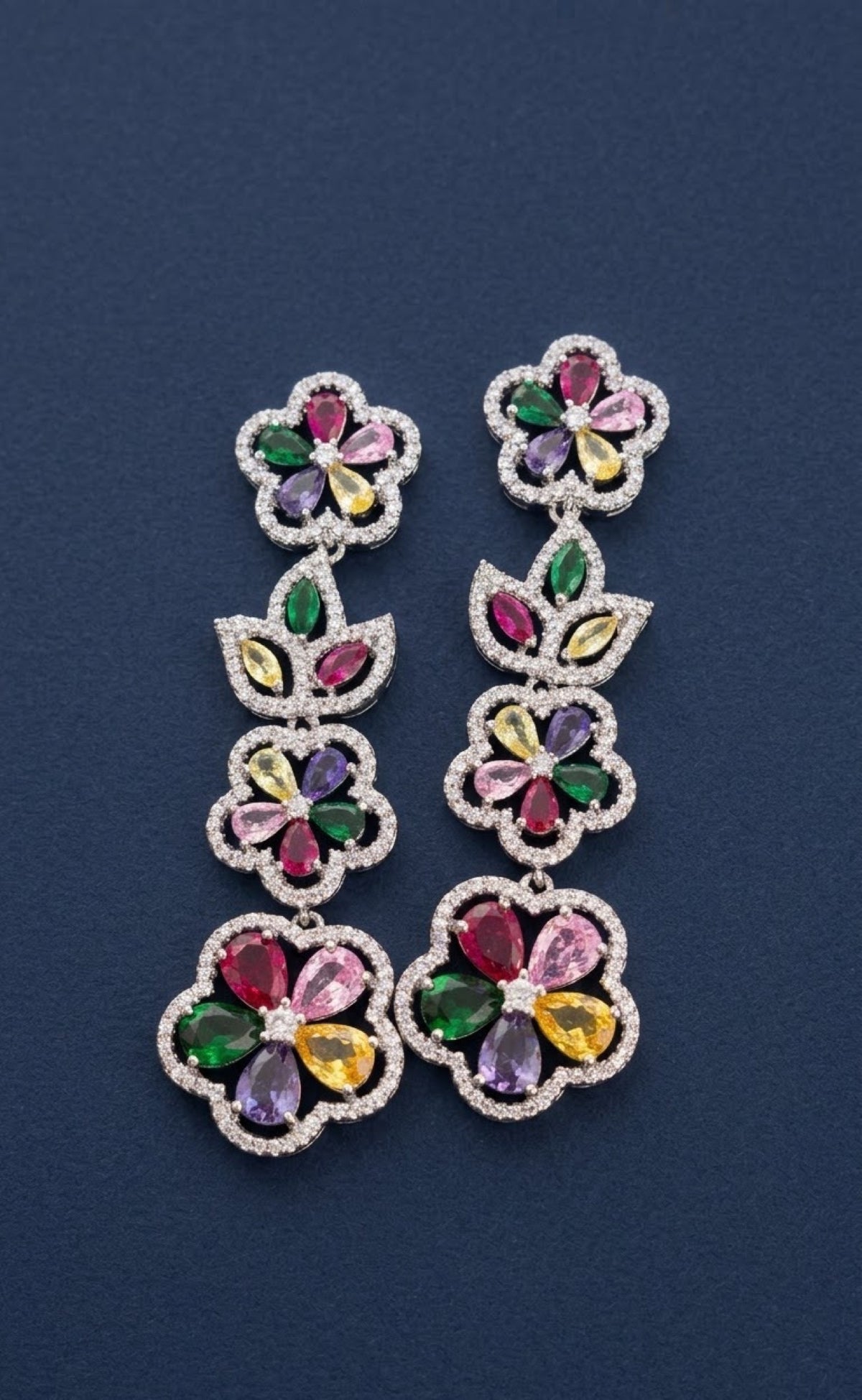 Silver-tone multicolour flower necklace set with floral drop earrings - view 2