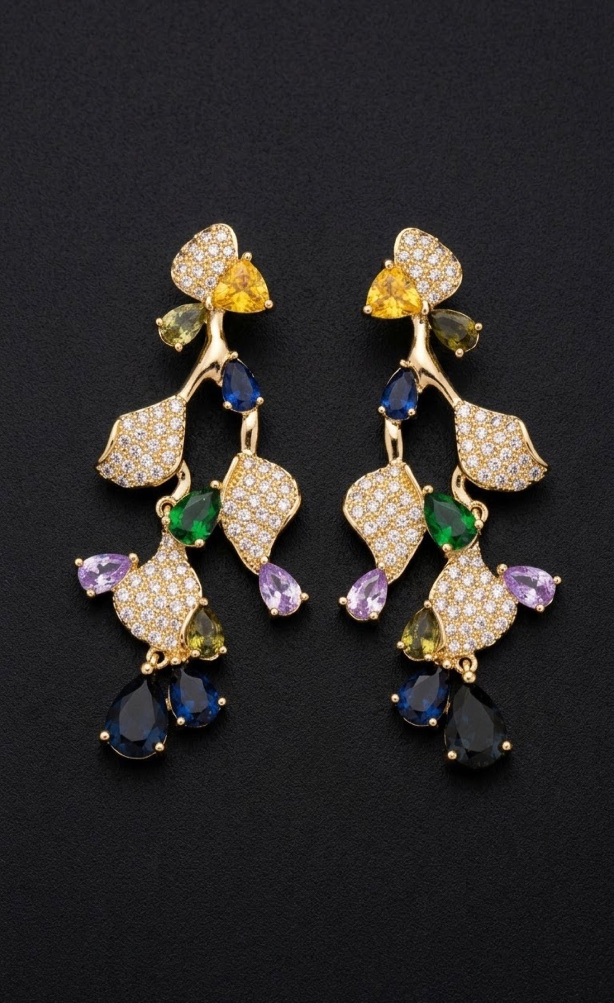 Gold-tone leaf vine bib necklace set with multicolour crystal drops - view 2