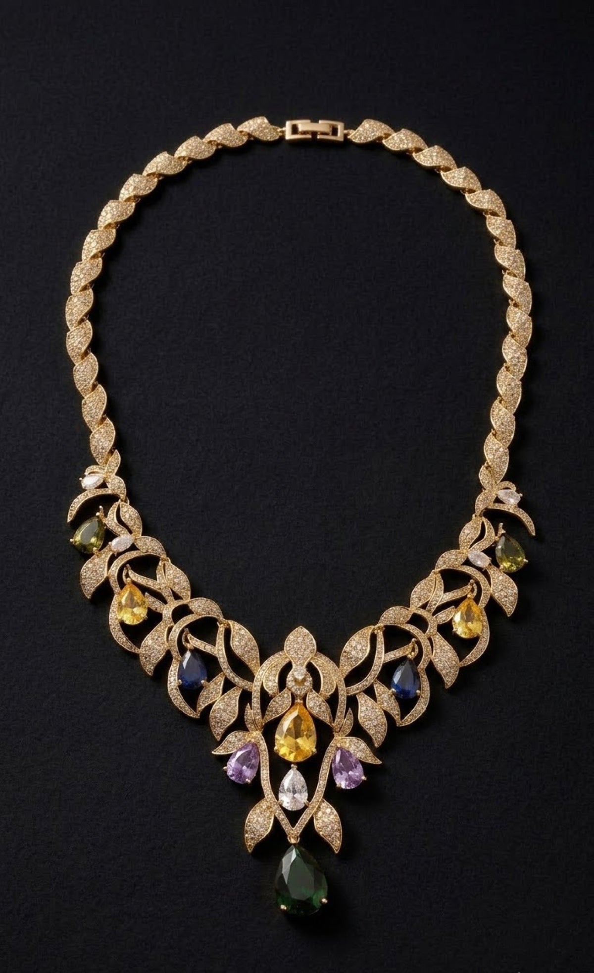 Gold-tone leaf vine bib necklace set with multicolour crystal drops - view 3