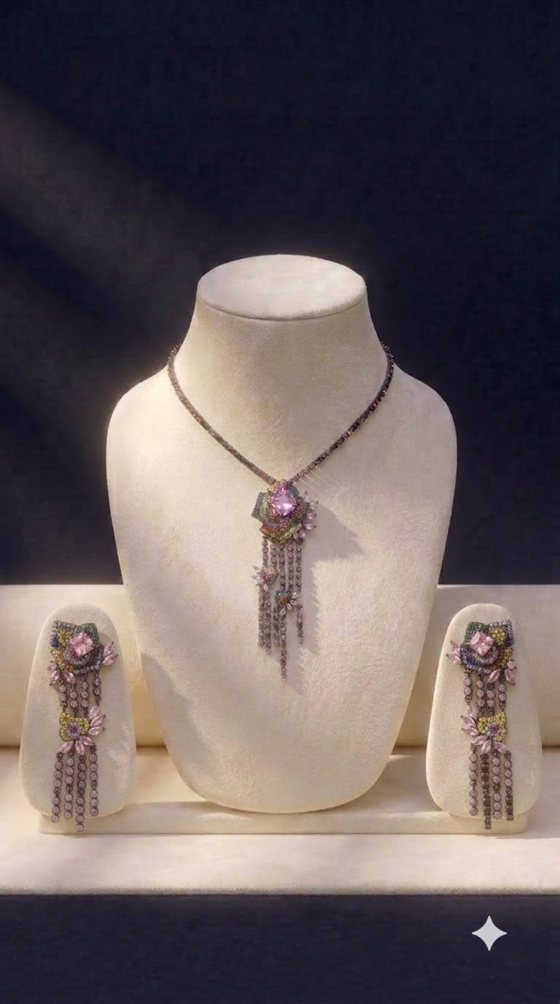 Gunmetal-tone necklace set with pink flower pendant and crystal fringe