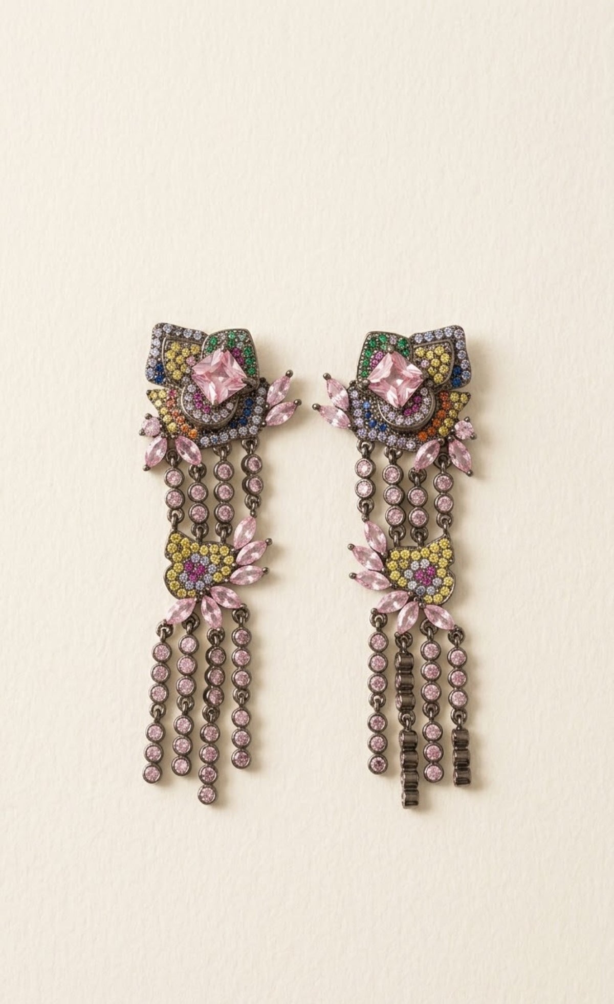 Gunmetal-tone necklace set with pink flower pendant and crystal fringe - view 2