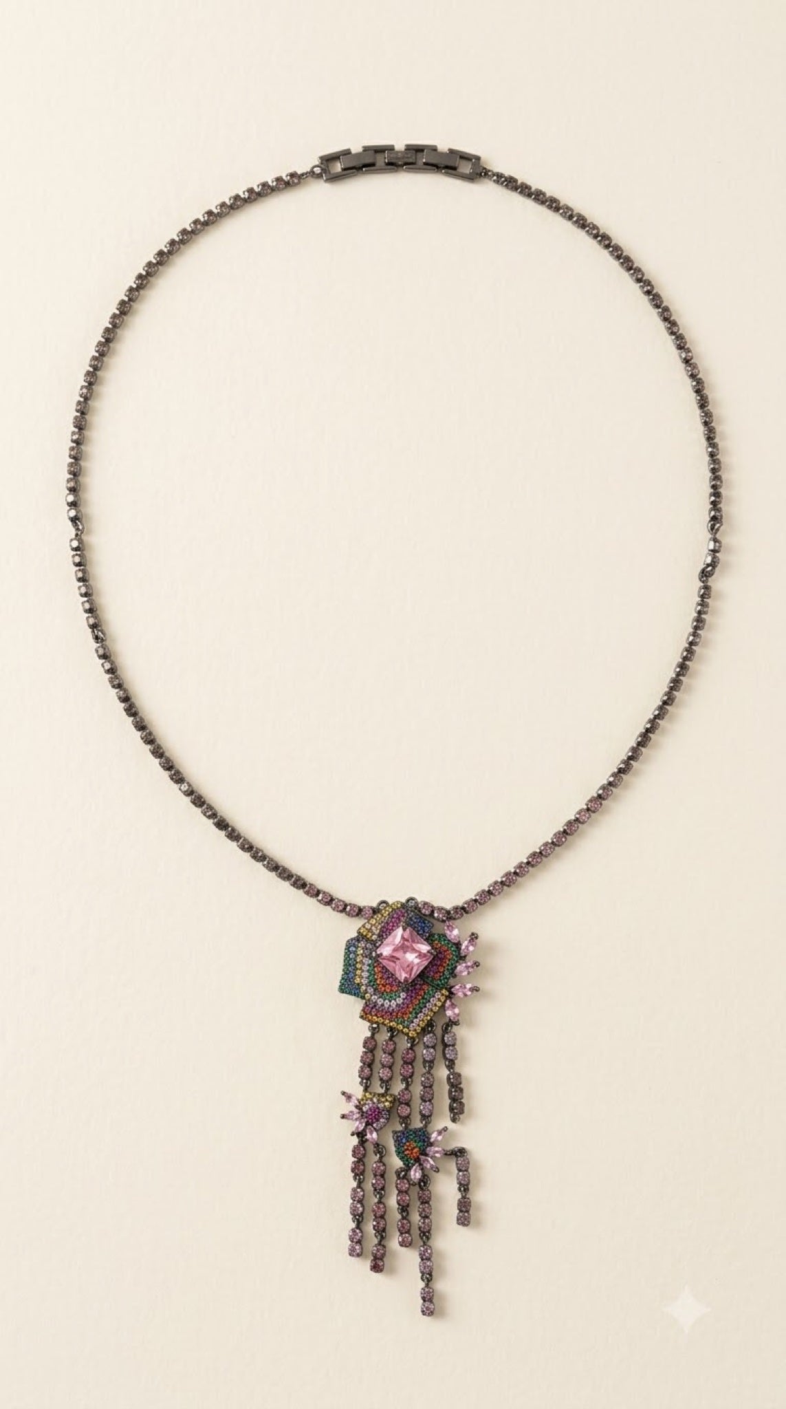 Gunmetal-tone necklace set with pink flower pendant and crystal fringe - view 3