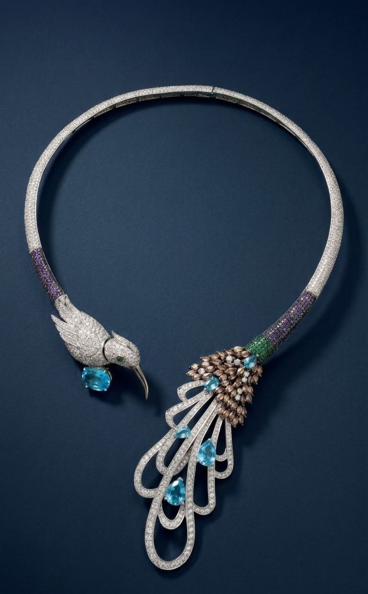 Silver-tone hummingbird collar necklace set with aqua-blue stones, earrings and bangle - view 2