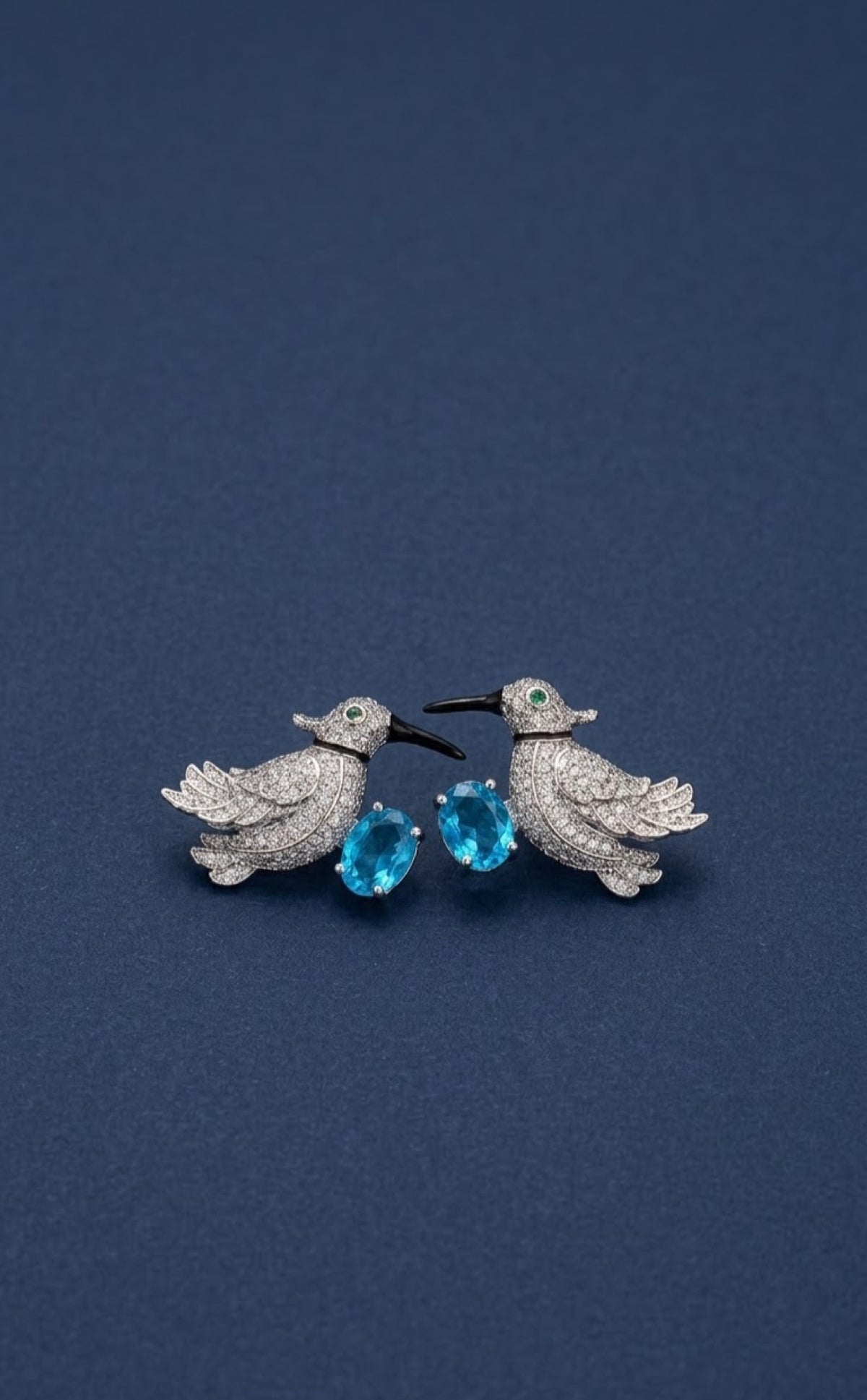Silver-tone hummingbird collar necklace set with aqua-blue stones, earrings and bangle - view 3