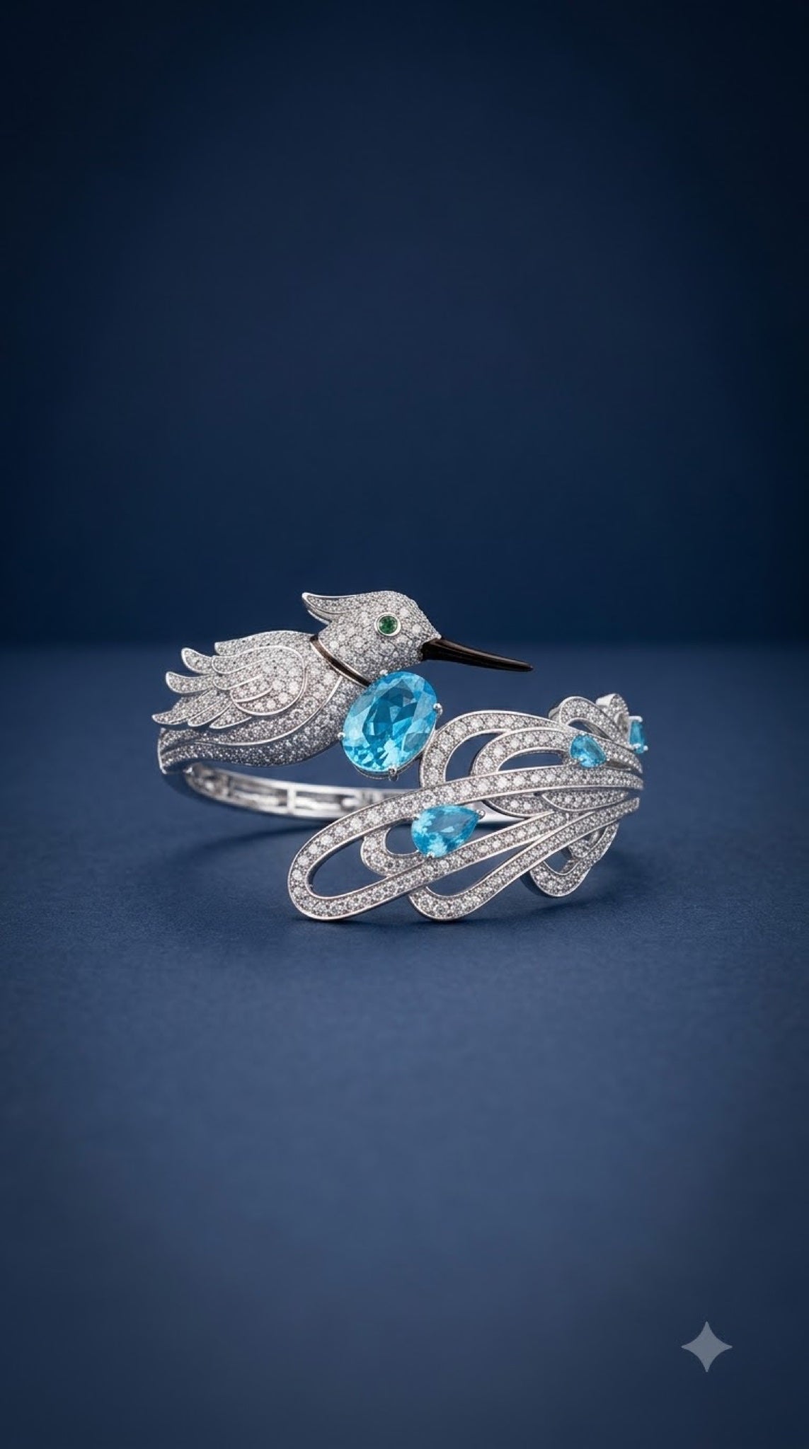 Silver-tone hummingbird collar necklace set with aqua-blue stones, earrings and bangle - view 4