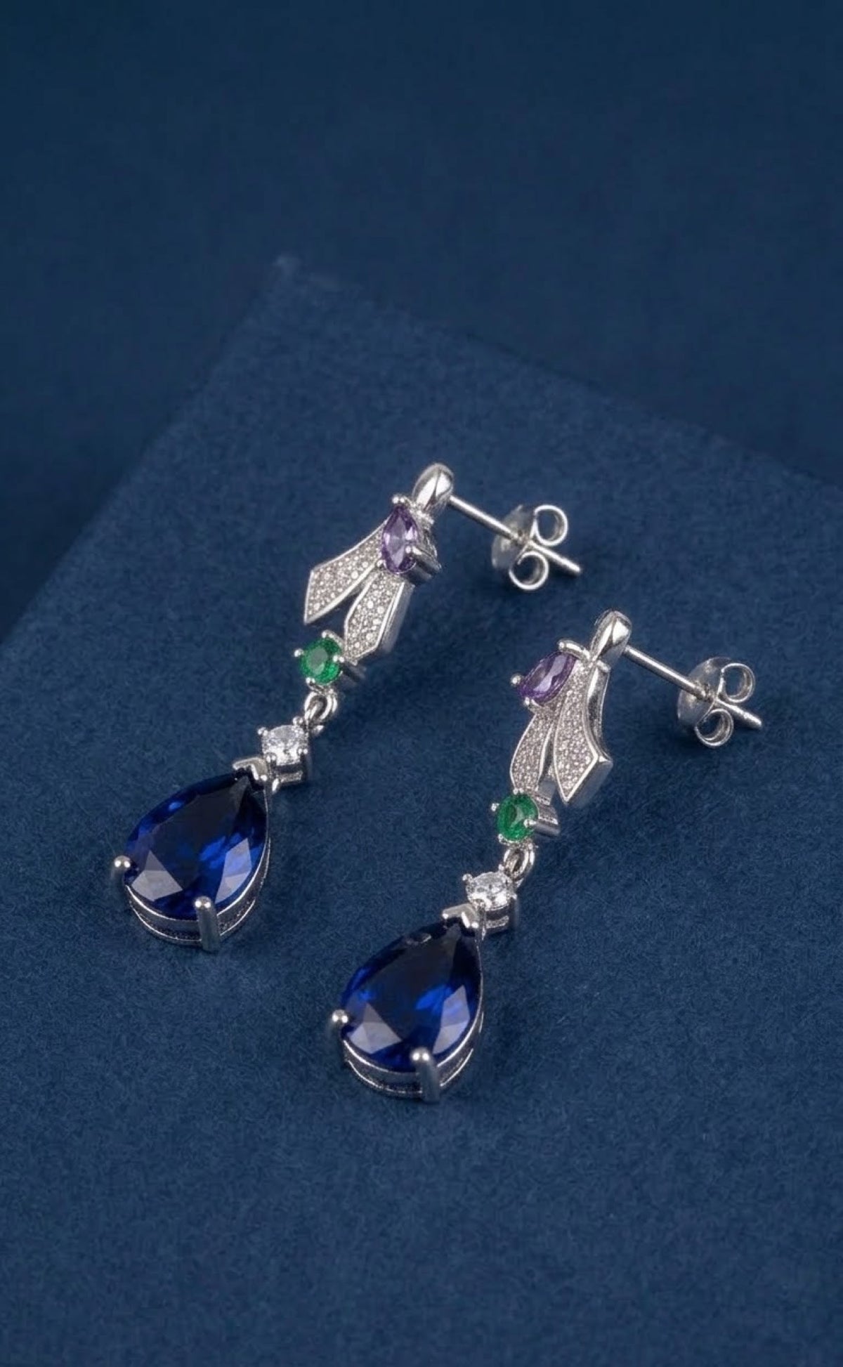 Silver-tone necklace set with green and lilac crystals and sapphire-blue pear drop - view 2