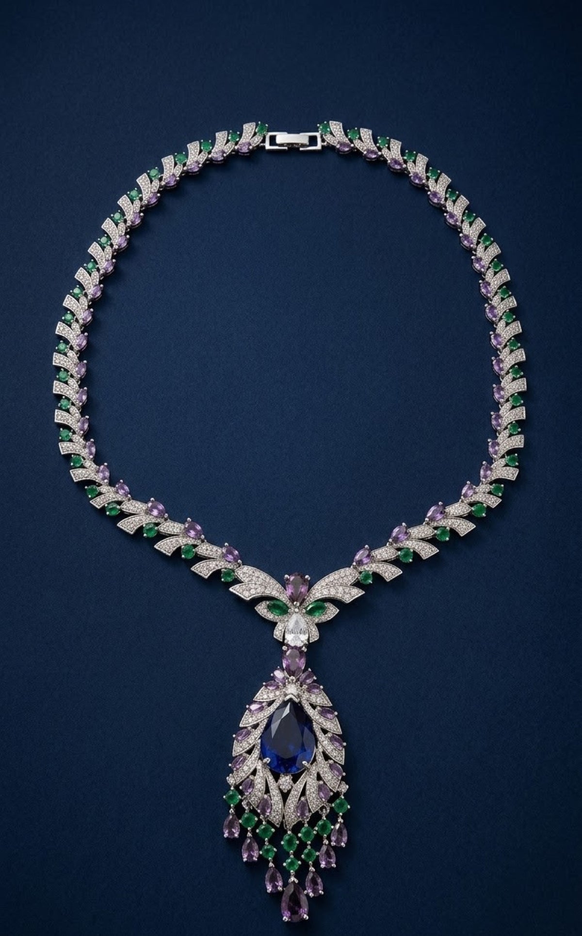 Silver-tone necklace set with green and lilac crystals and sapphire-blue pear drop - view 3
