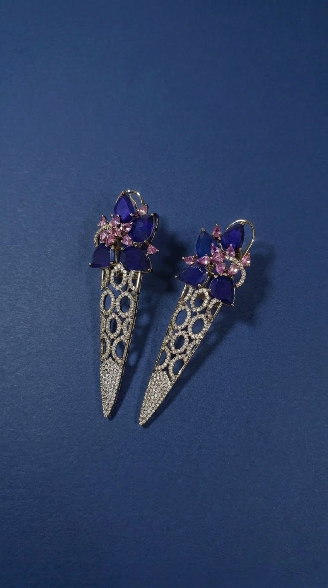 Silver-tone lattice collar necklace set with sapphire-blue and pink floral cluster - view 2