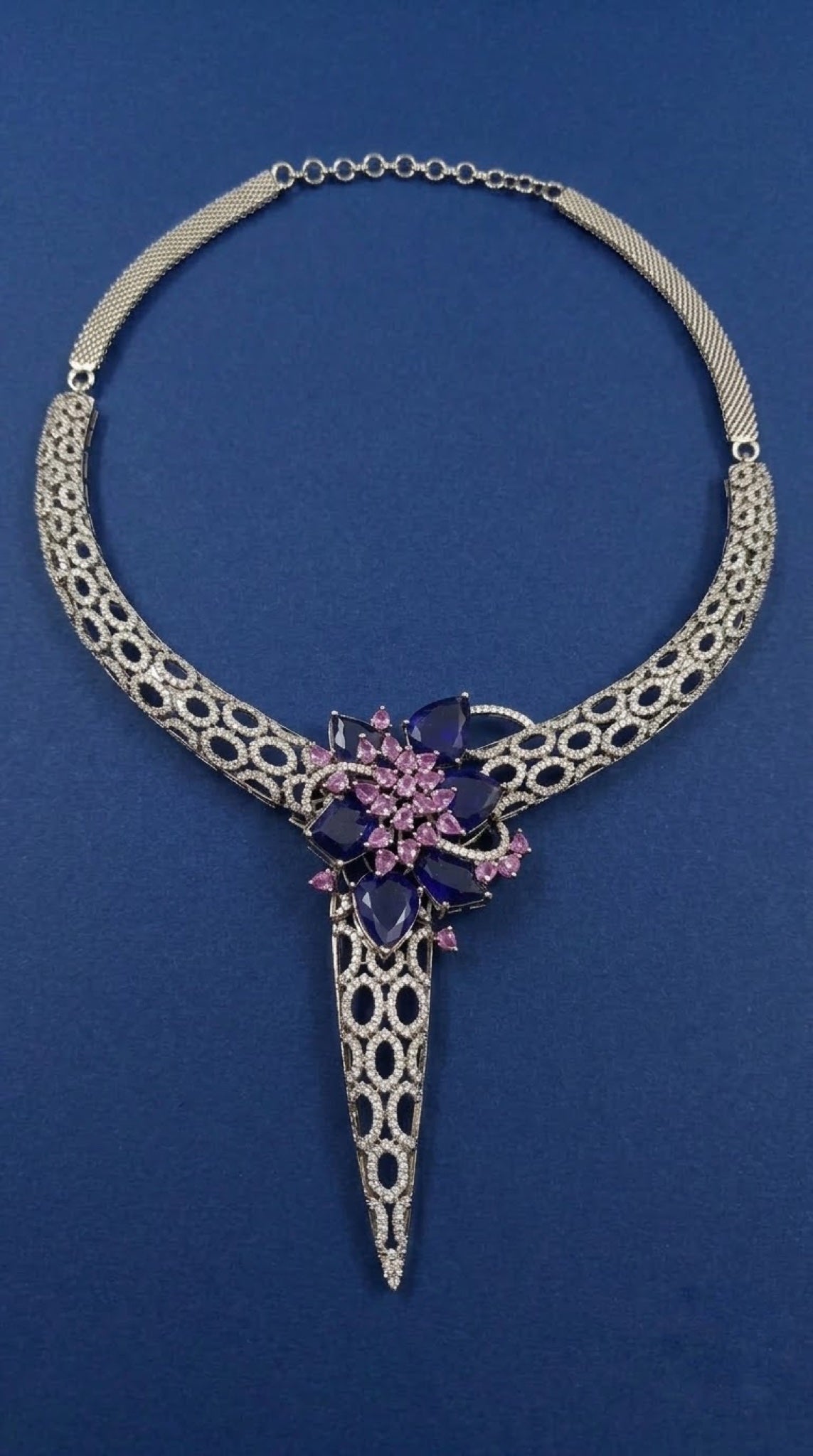 Silver-tone lattice collar necklace set with sapphire-blue and pink floral cluster - view 3