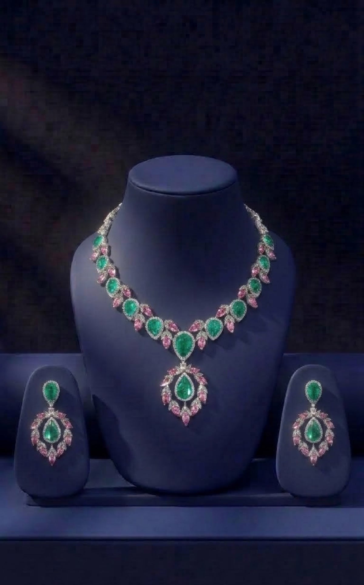 Silver-tone necklace set with mint-green pear stones and pink crystal wreath
