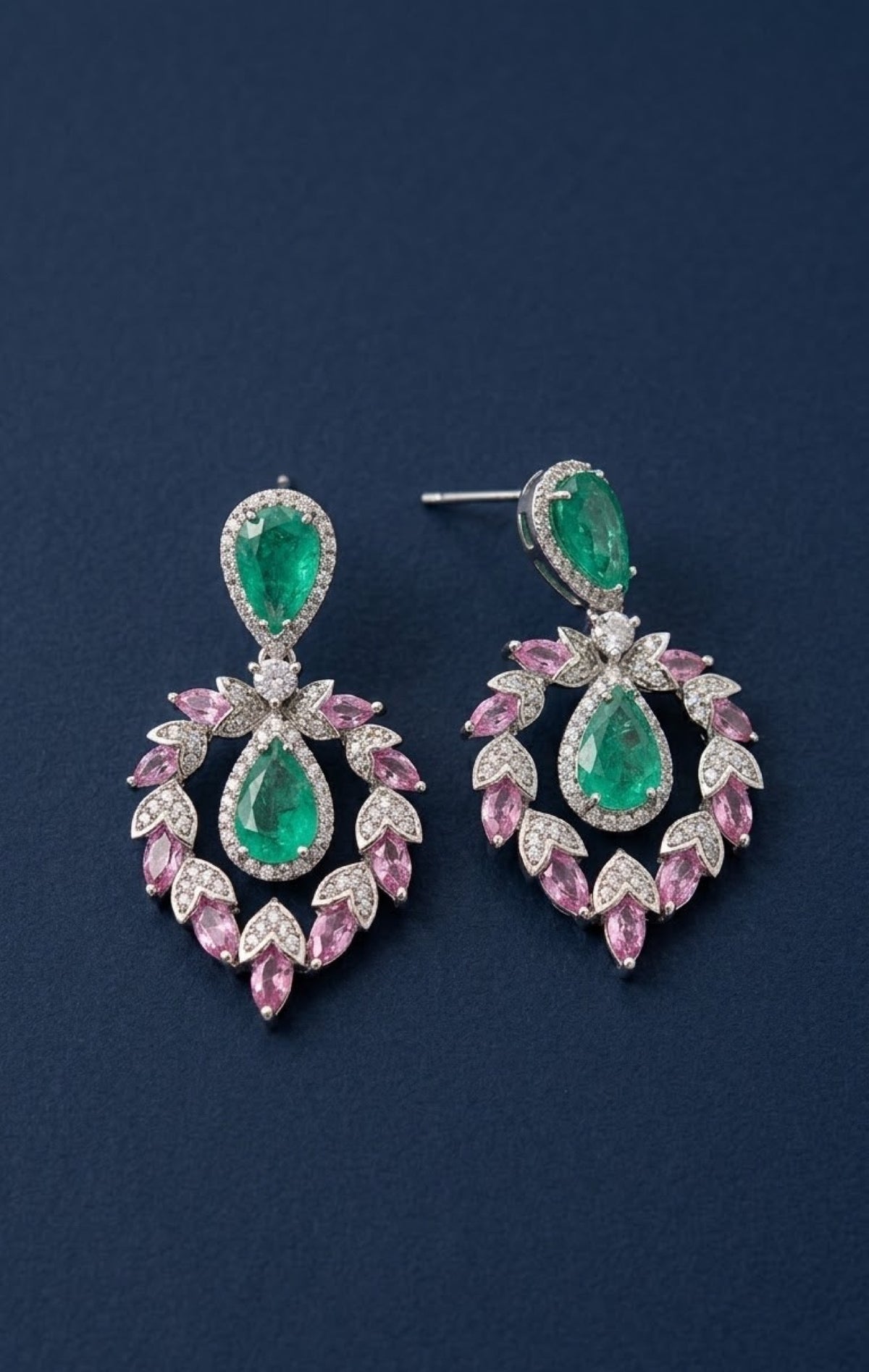 Silver-tone necklace set with mint-green pear stones and pink crystal wreath - view 2