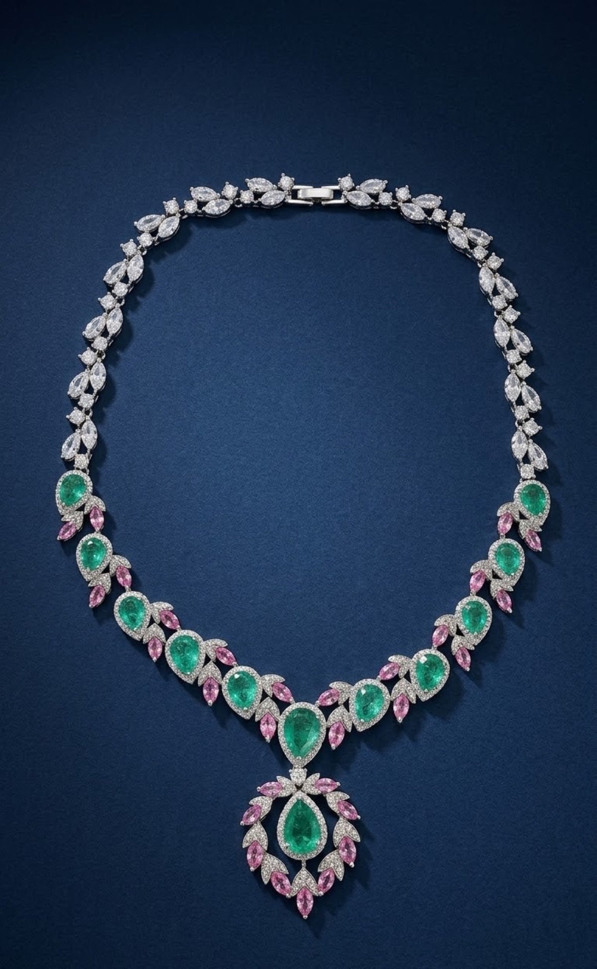Silver-tone necklace set with mint-green pear stones and pink crystal wreath - view 3