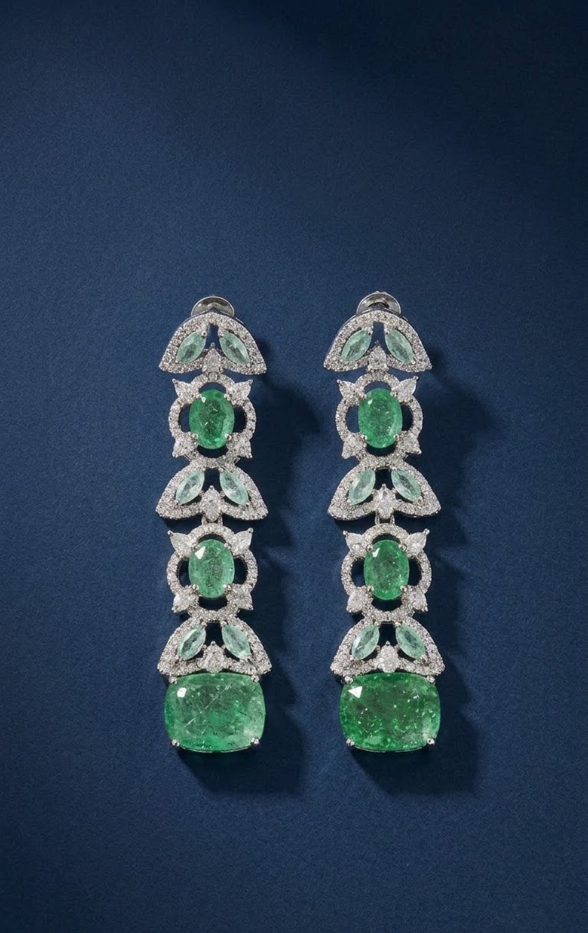 Silver-tone emerald-green crystal leaf necklace set with long drop earrings - view 2