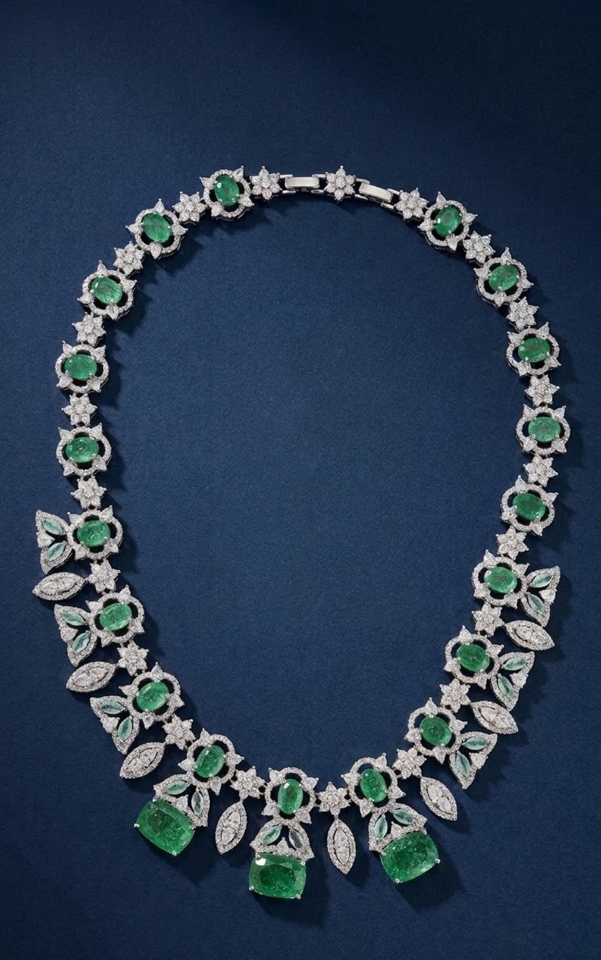 Silver-tone emerald-green crystal leaf necklace set with long drop earrings - view 3