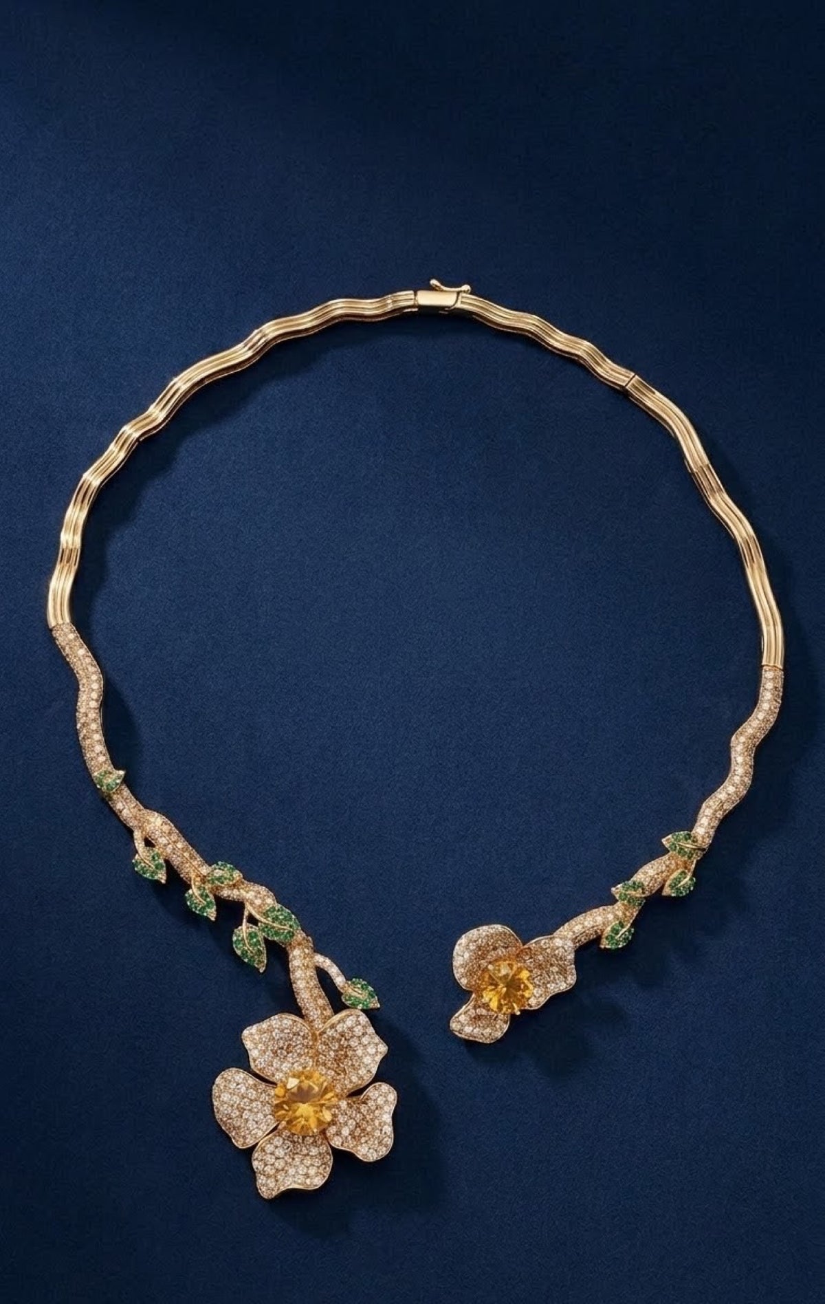 Gold-tone open collar necklace set with crystal flowers and green leaf stones - view 3