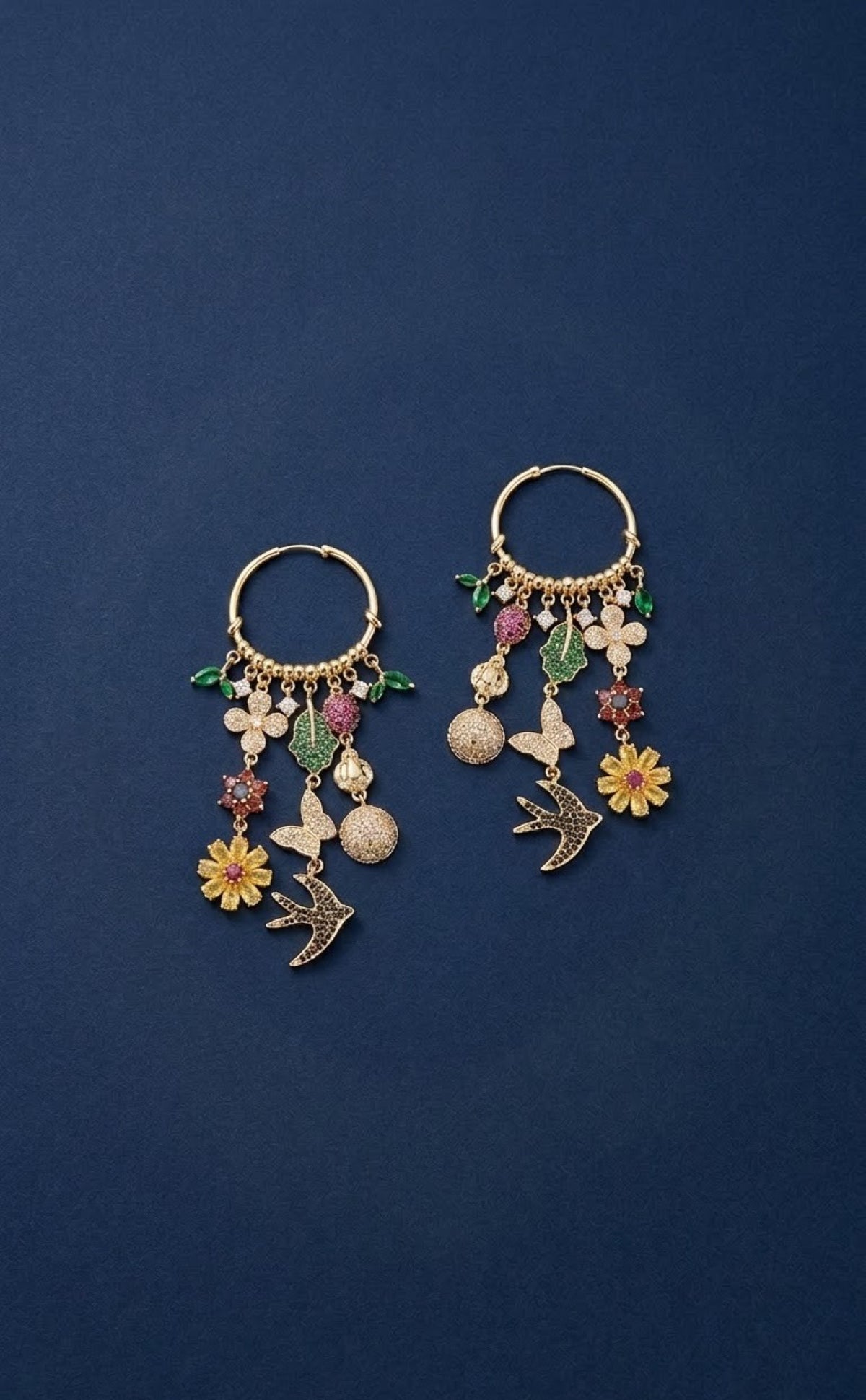 Faux pearl charm necklace set with butterfly, bird and flower charms and hoop earrings - view 2