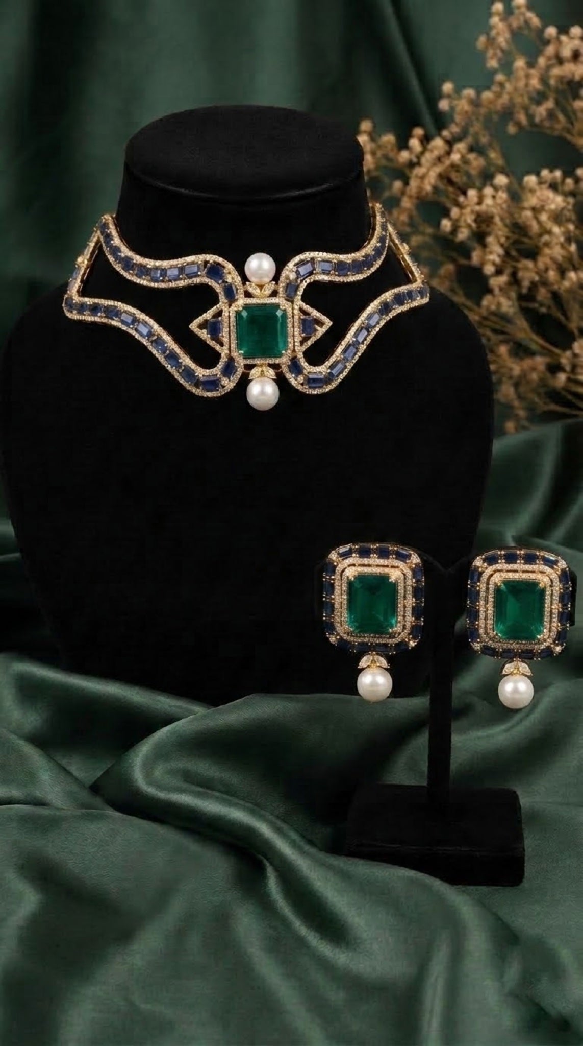 Gold-tone choker necklace set with emerald-green centre stone, blue crystals and faux pearls