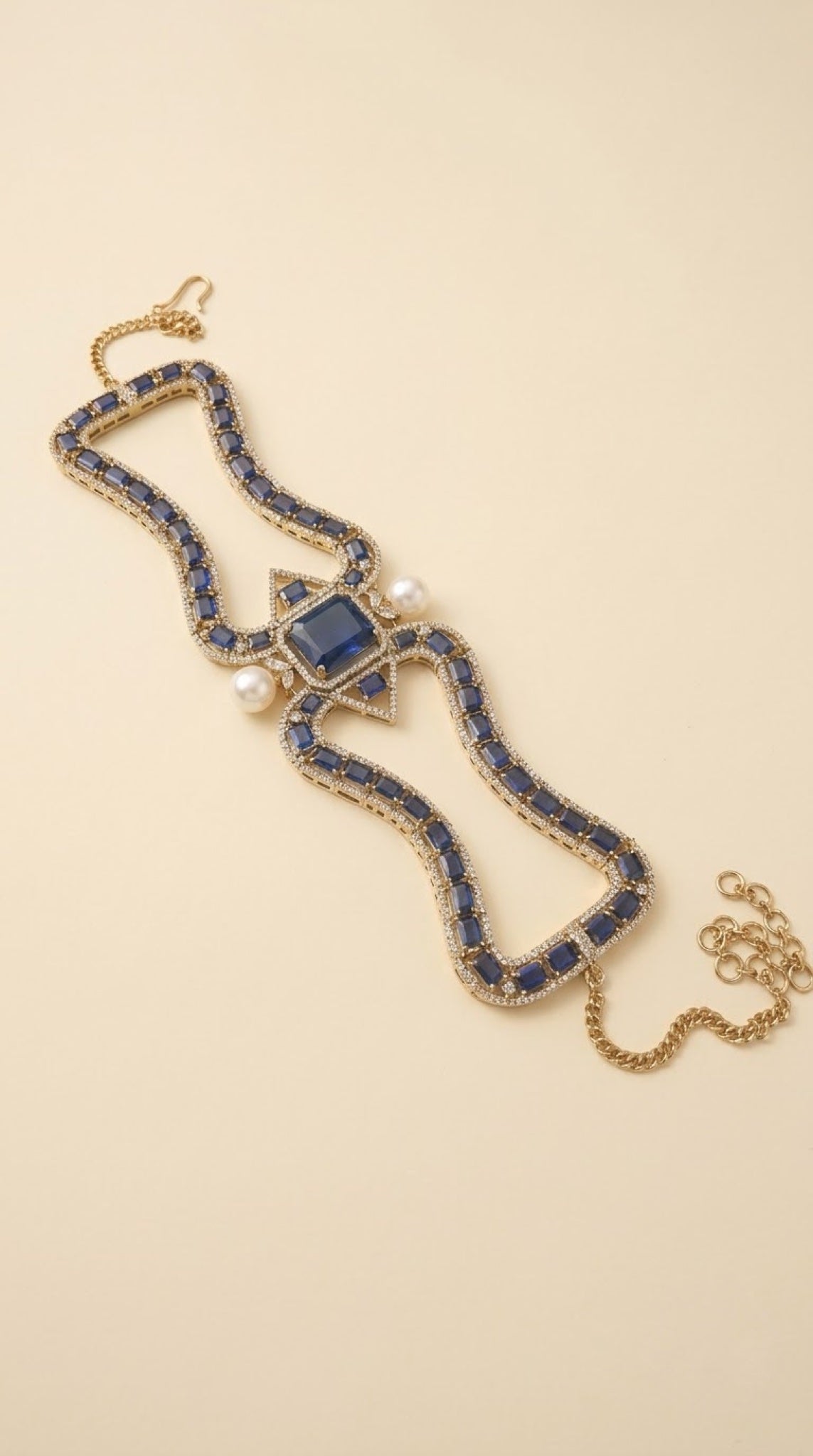 Gold-tone choker necklace set with sapphire-blue stones and faux pearl drops - view 3