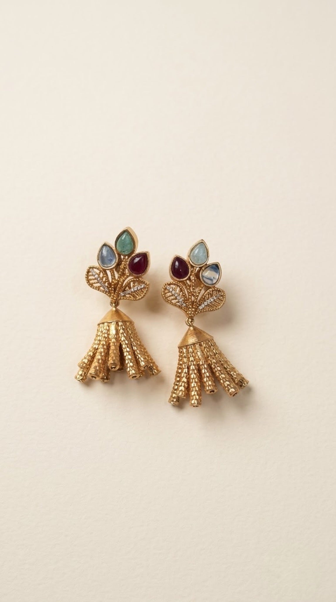 Gold-tone sunburst bib necklace set with multicolour stones and tassel earrings - view 2