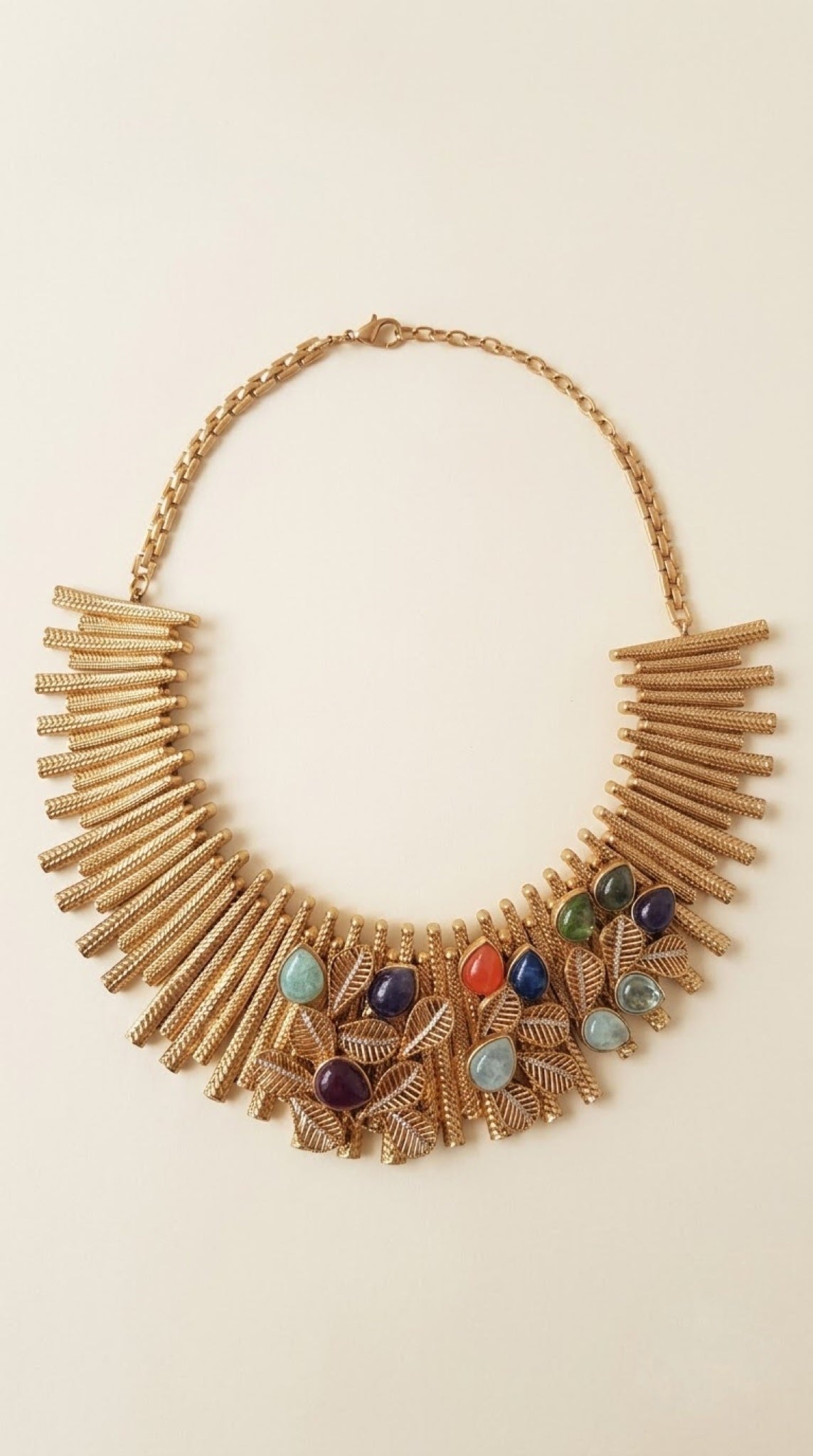 Gold-tone sunburst bib necklace set with multicolour stones and tassel earrings - view 3