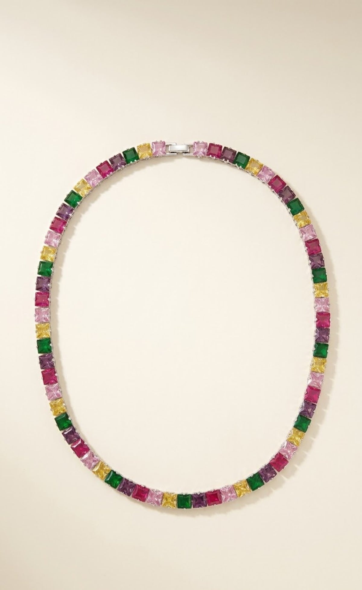 Silver-tone multicolour square-stone tennis necklace with green stud earrings - view 3