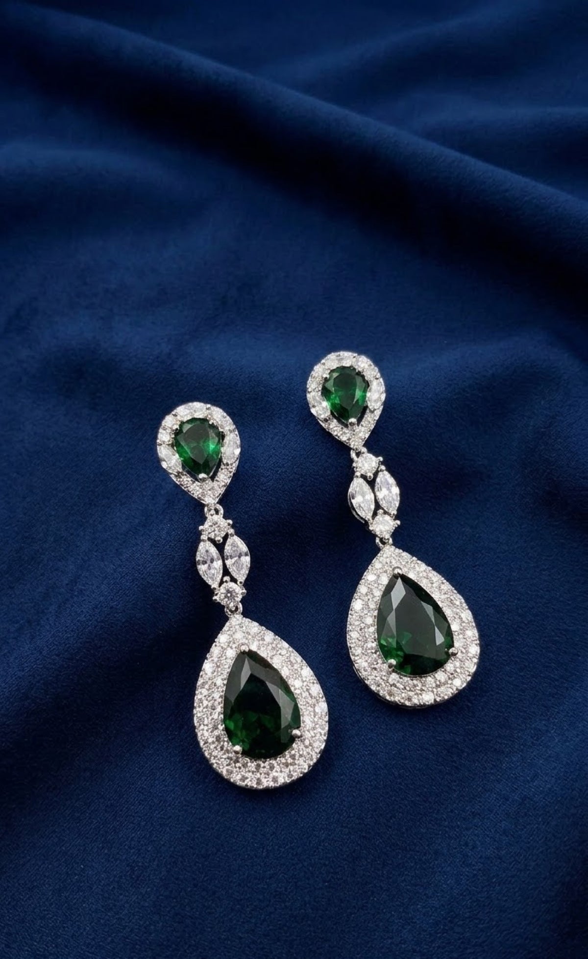 Silver-tone pendant set with emerald-green teardrops and crystal halos - view 3