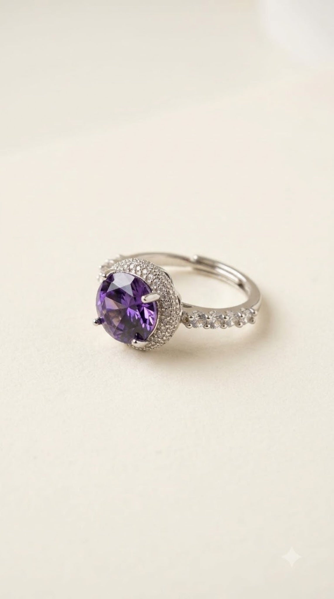 Silver-tone halo ring with a crystal centre stone, diamond-look halo and pavé band - view 3