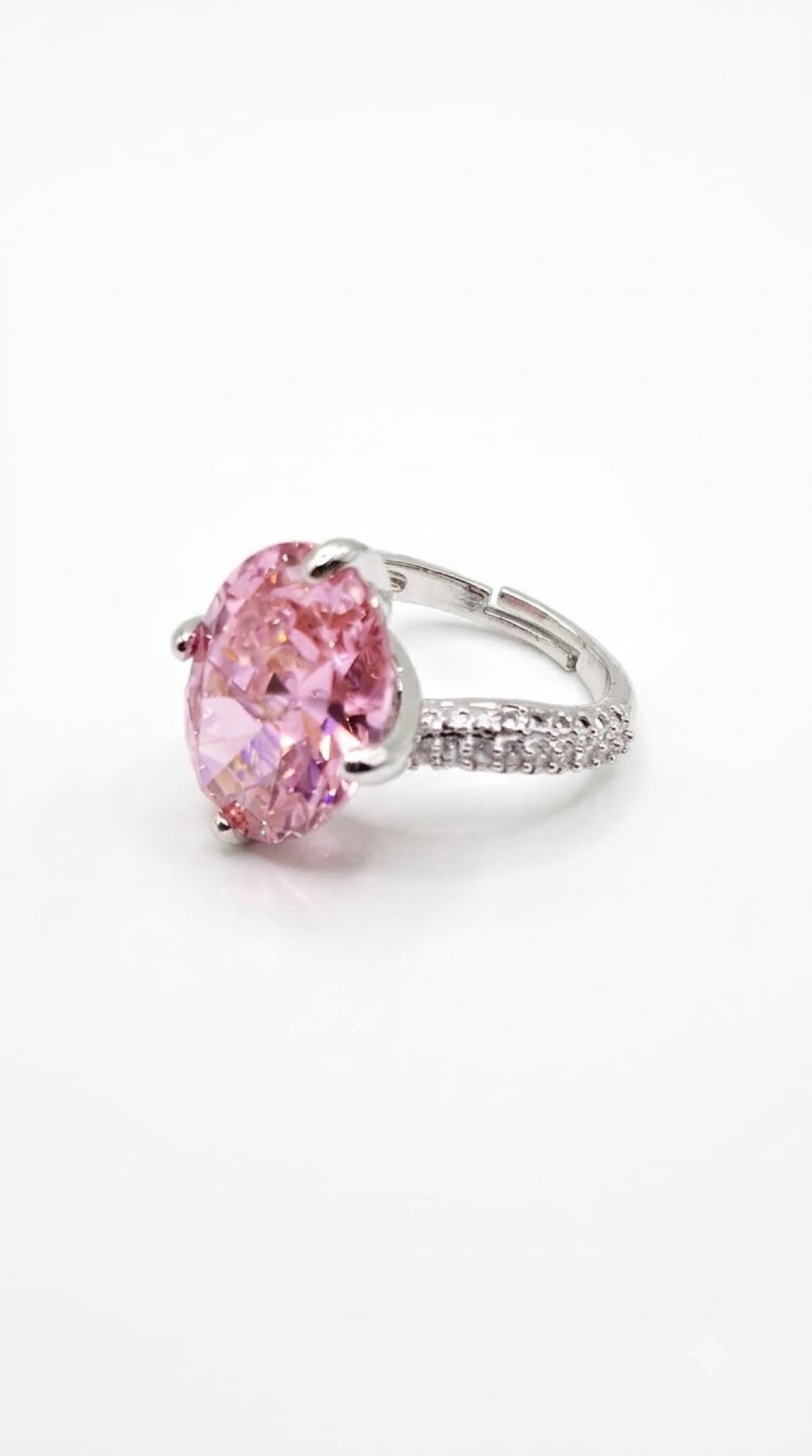 Silver-tone oval solitaire ring with a claw-set crystal and pavé split shoulders - view 10