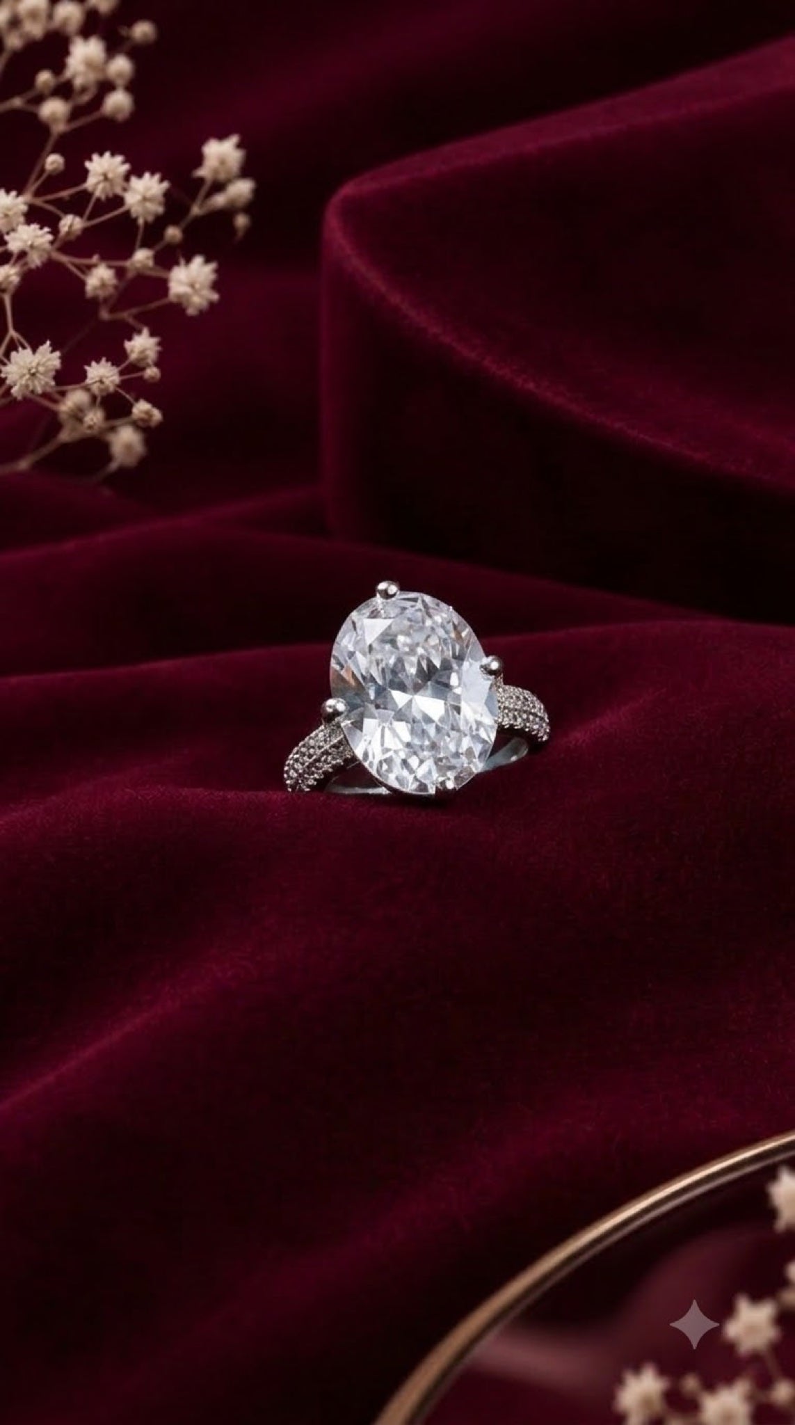 Silver-tone oval solitaire ring with a claw-set crystal and pavé split shoulders - view 2