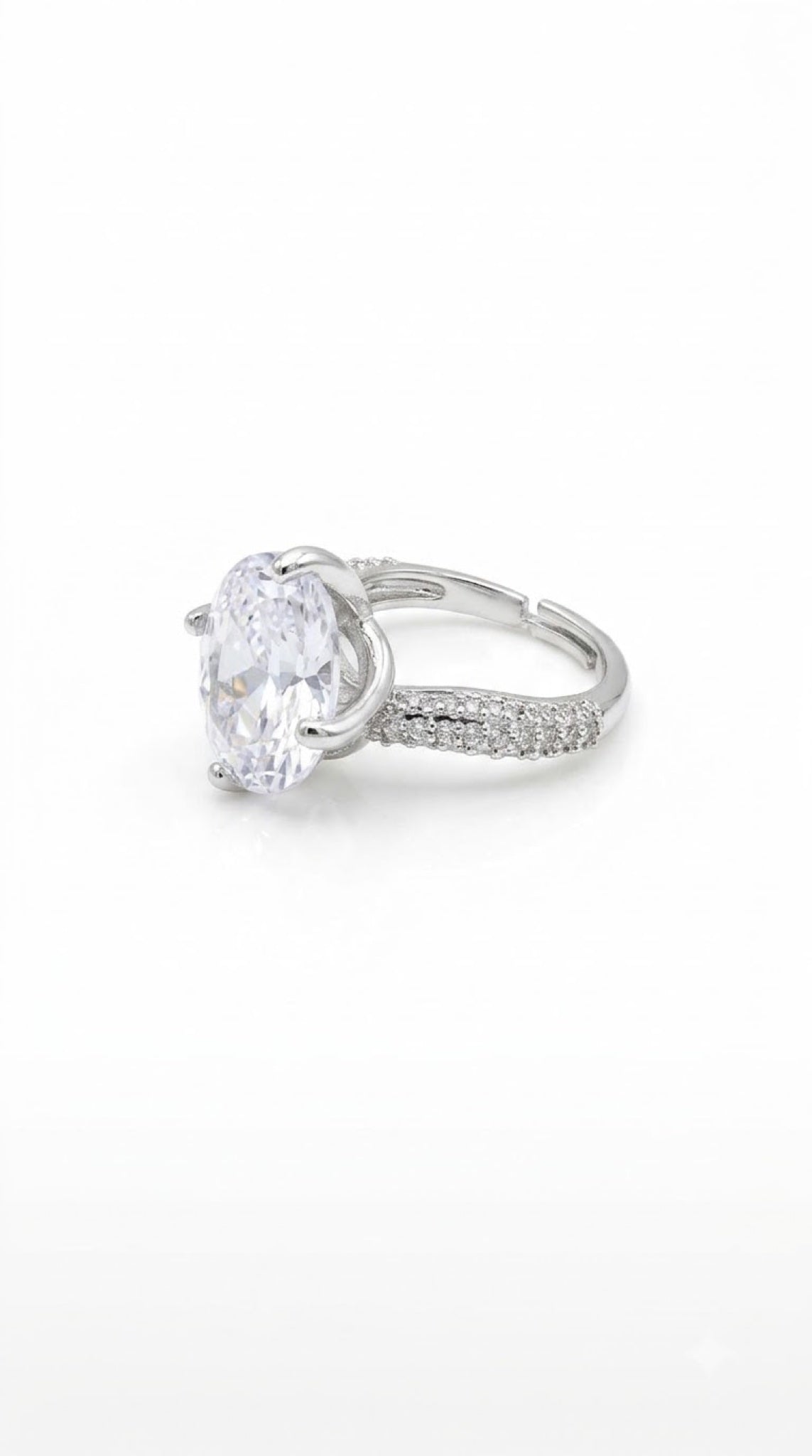 Silver-tone oval solitaire ring with a claw-set crystal and pavé split shoulders - view 3