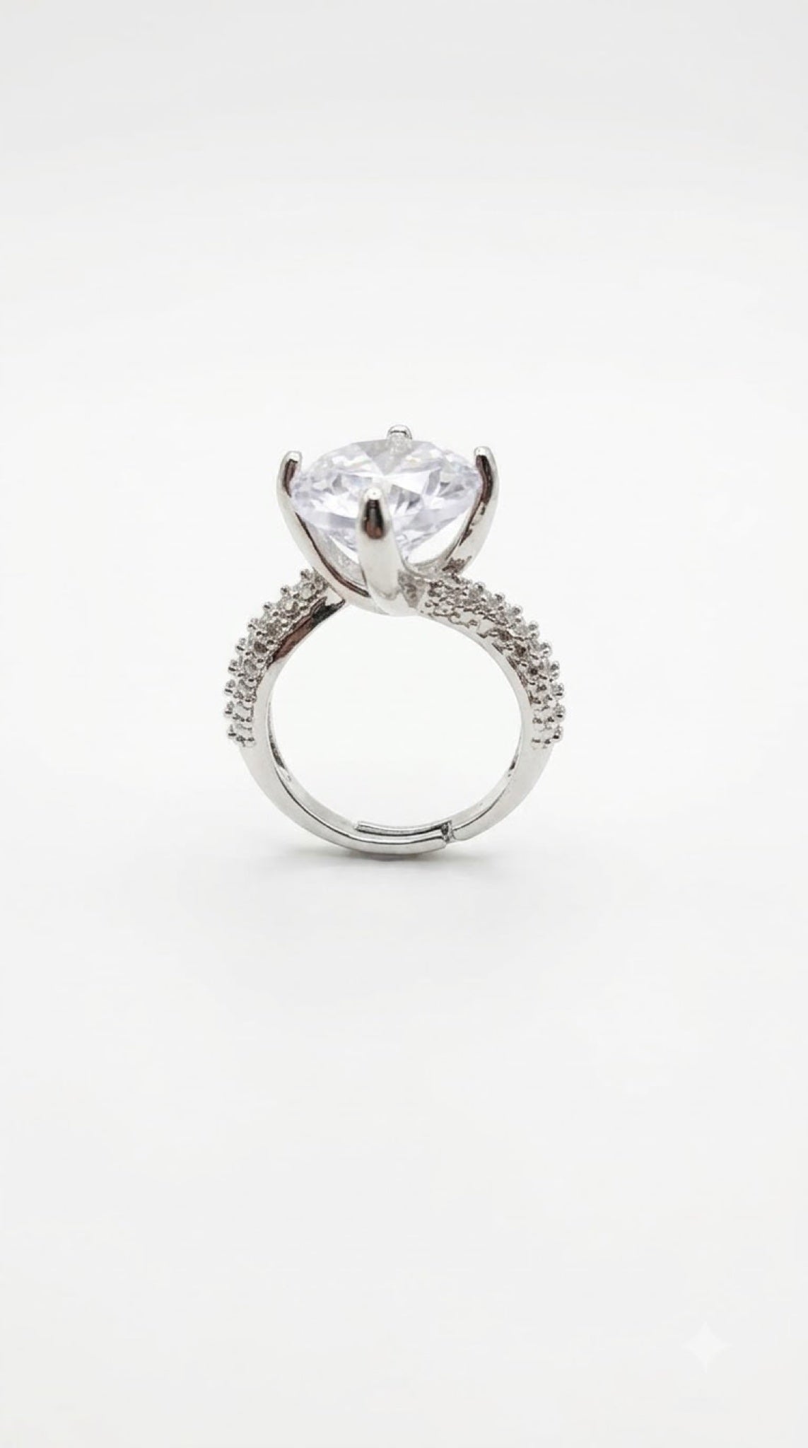 Silver-tone oval solitaire ring with a claw-set crystal and pavé split shoulders - view 4