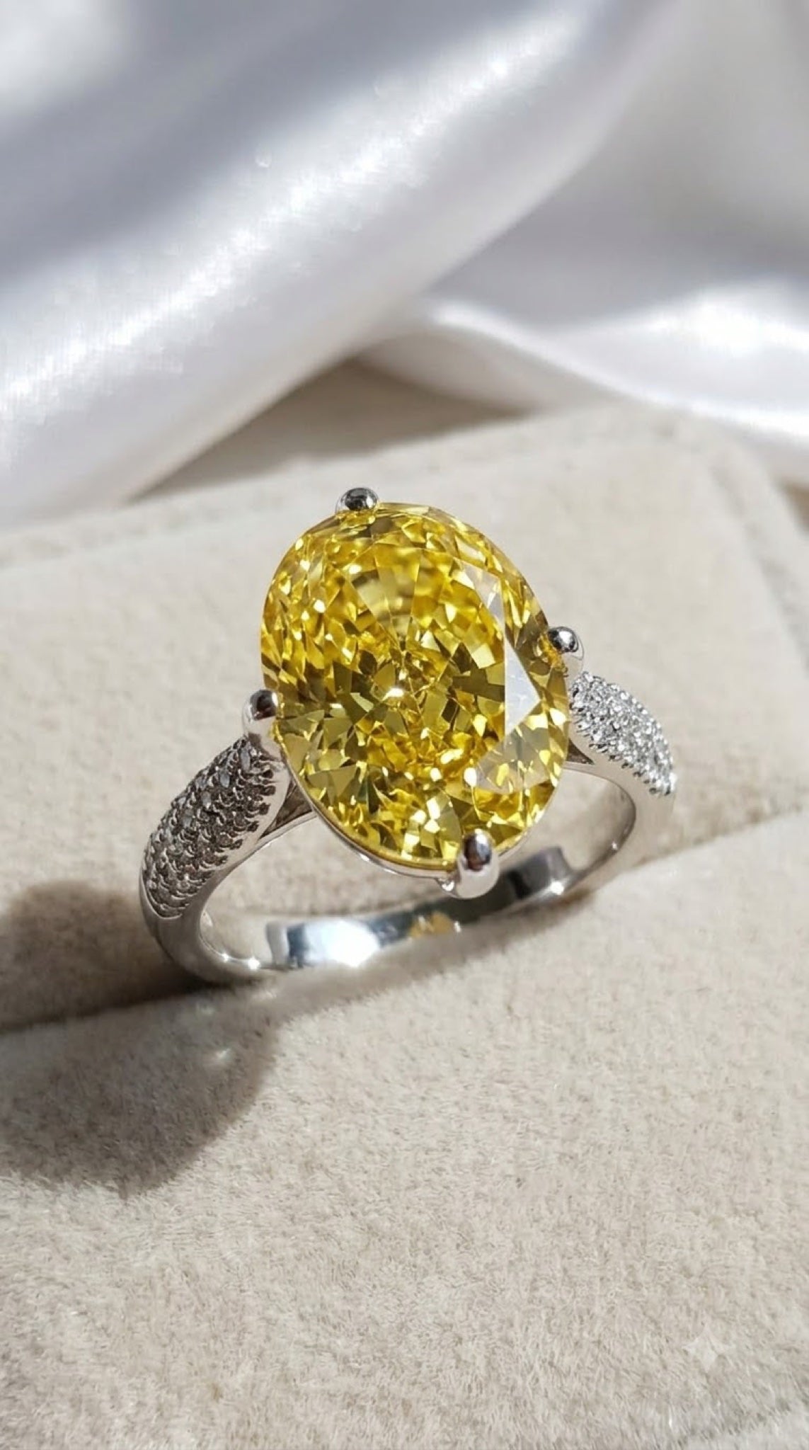 Silver-tone oval solitaire ring with a claw-set crystal and pavé split shoulders - view 5