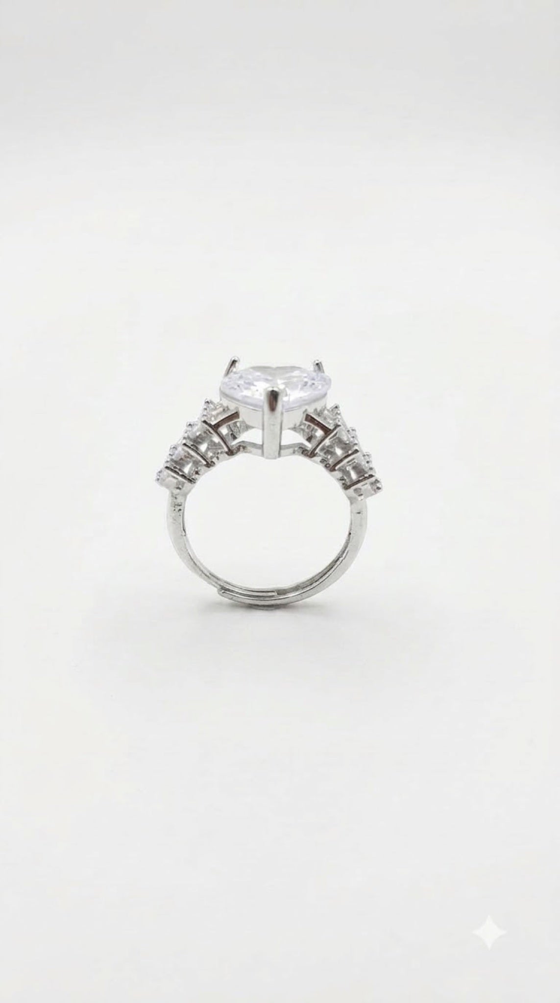 Silver-tone heart-cut crystal ring with stepped baguette diamond-look shoulders - view 7