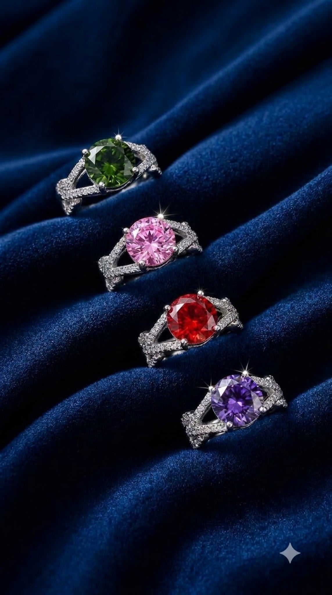 Silver-tone six-claw crown solitaire ring with a round crystal and pavé split shoulders