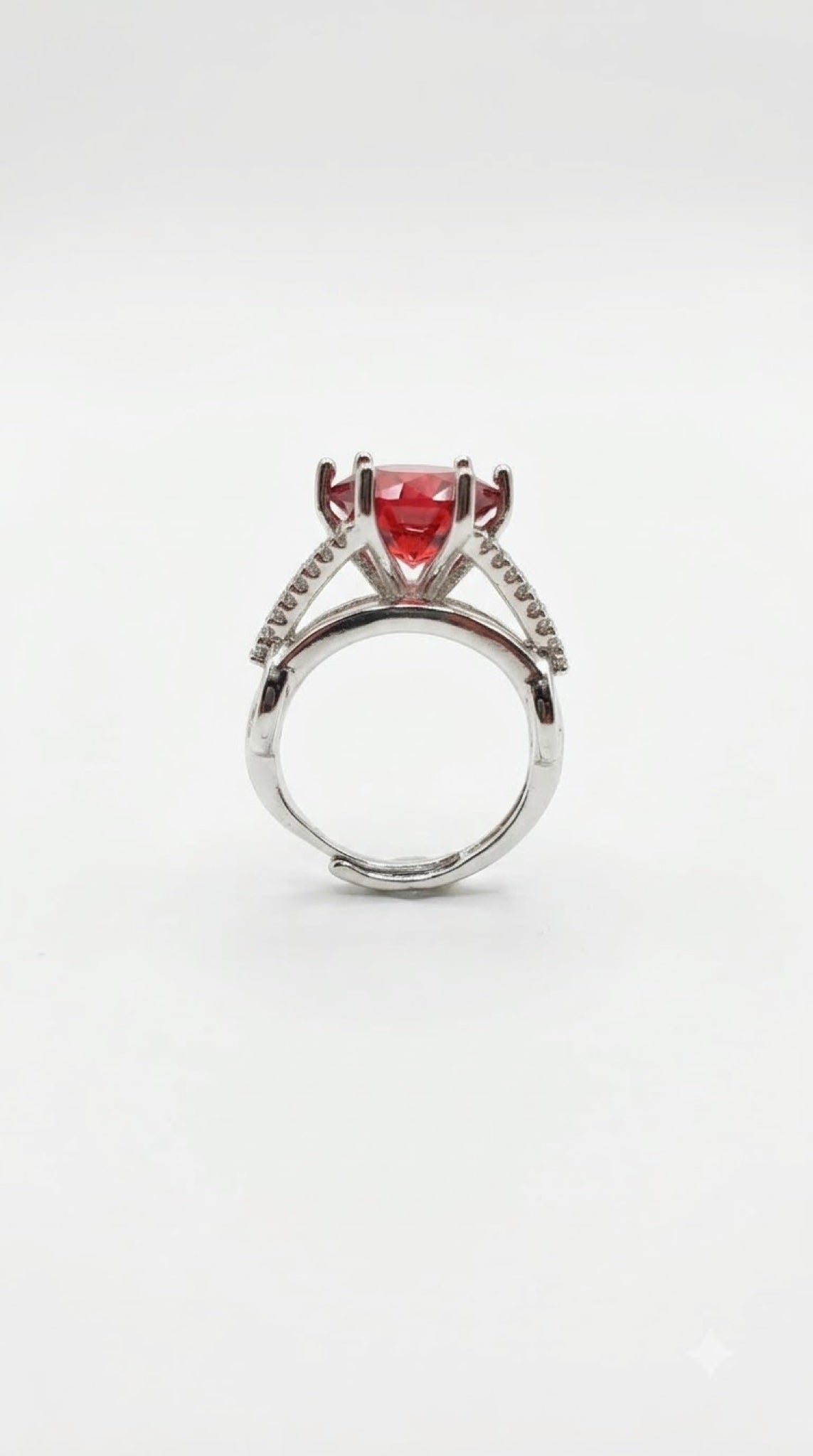 Silver-tone six-claw crown solitaire ring with a round crystal and pavé split shoulders - view 4