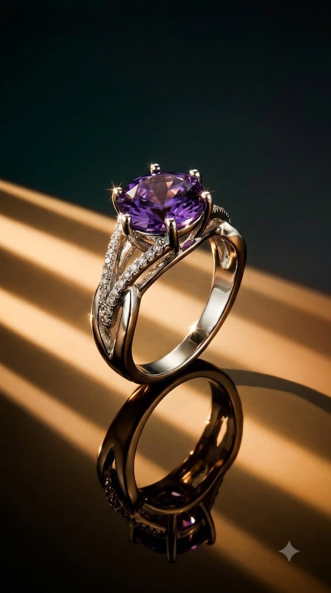 Silver-tone solitaire ring with a round purple crystal in a six-prong crown and pavé split shank