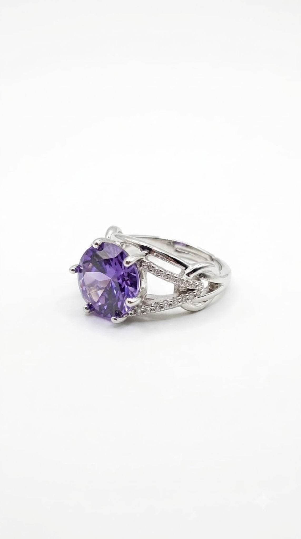Silver-tone solitaire ring with a round purple crystal in a six-prong crown and pavé split shank - view 2