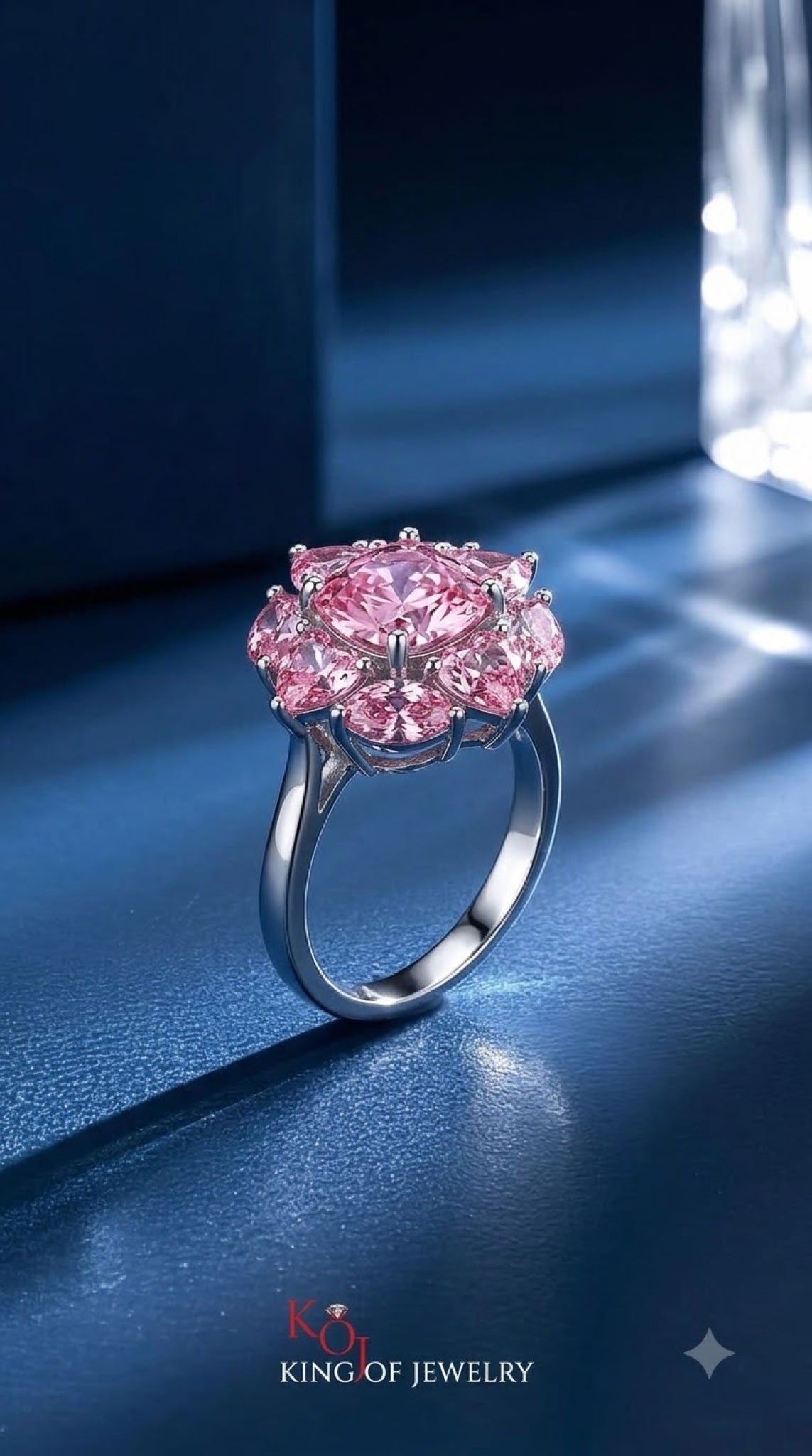Silver-tone flower cluster cocktail ring with pear-cut crystals in pink, yellow and clear - view 2