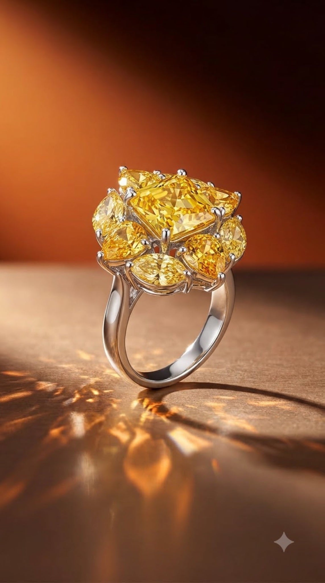 Silver-tone cocktail ring with a cluster of canary-yellow crystals