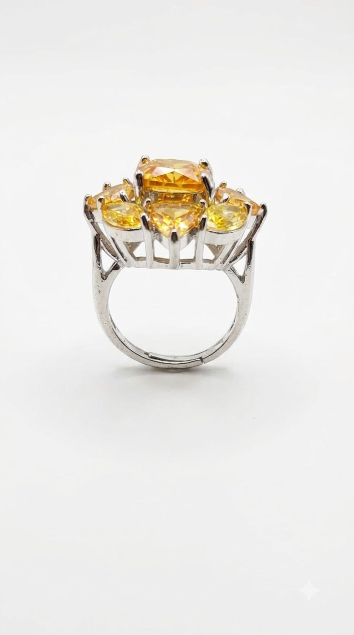 Silver-tone cocktail ring with a cluster of canary-yellow crystals - view 2