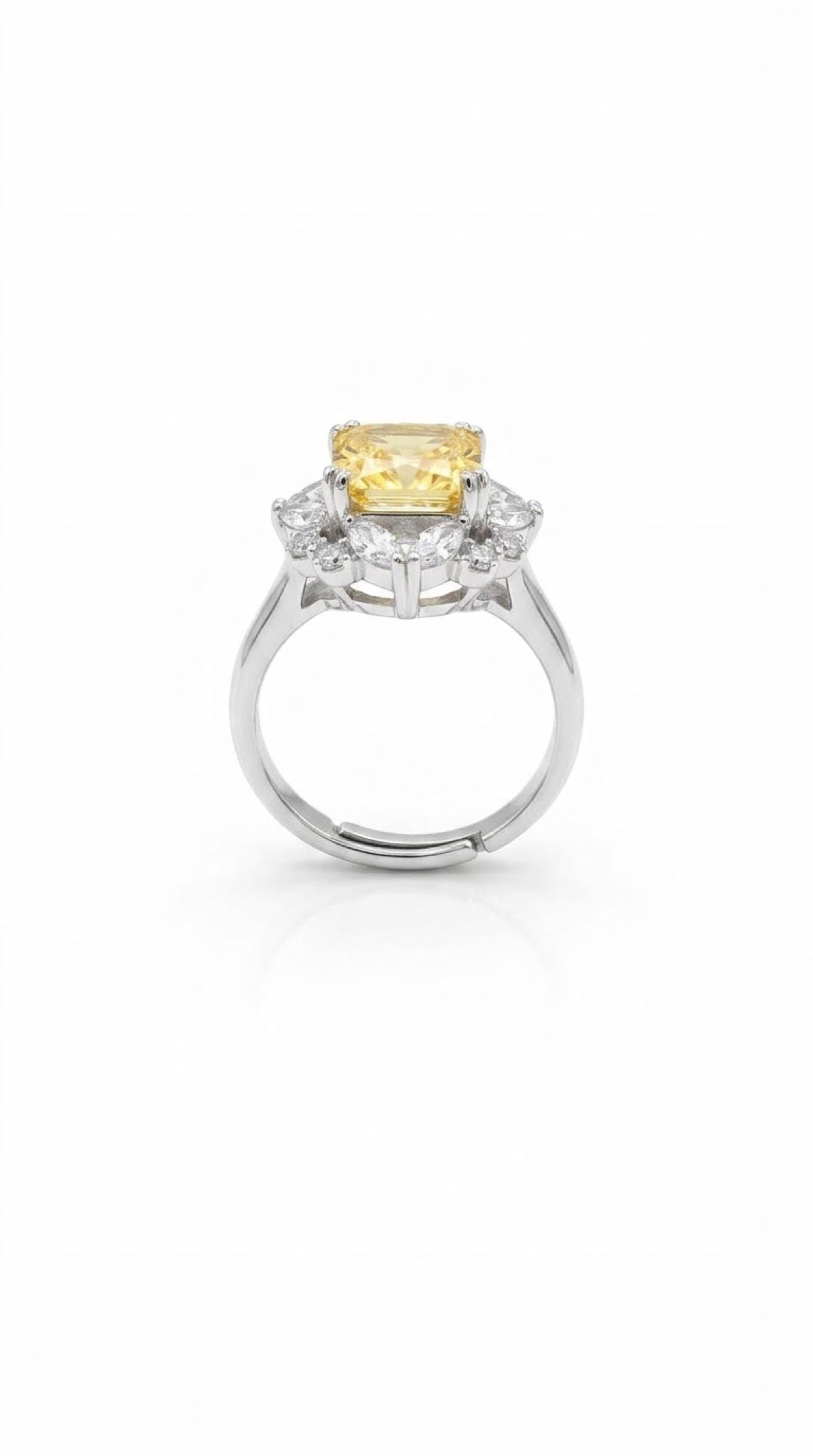 Silver-tone halo ring with an octagon-cut yellow crystal framed by clear diamond-look crystals - view 2
