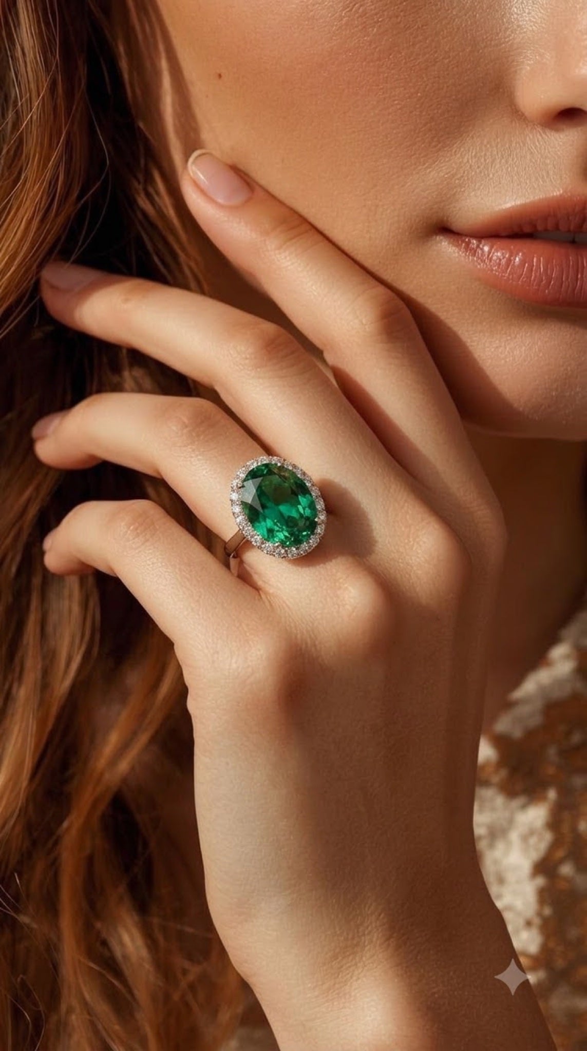 Silver-tone halo ring with an oval seafoam-green crystal surrounded by clear crystals