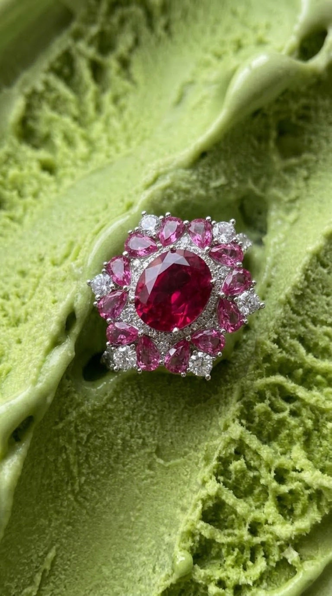 Silver-tone mandala cocktail ring with an oval crystal centre and pear crystal petals